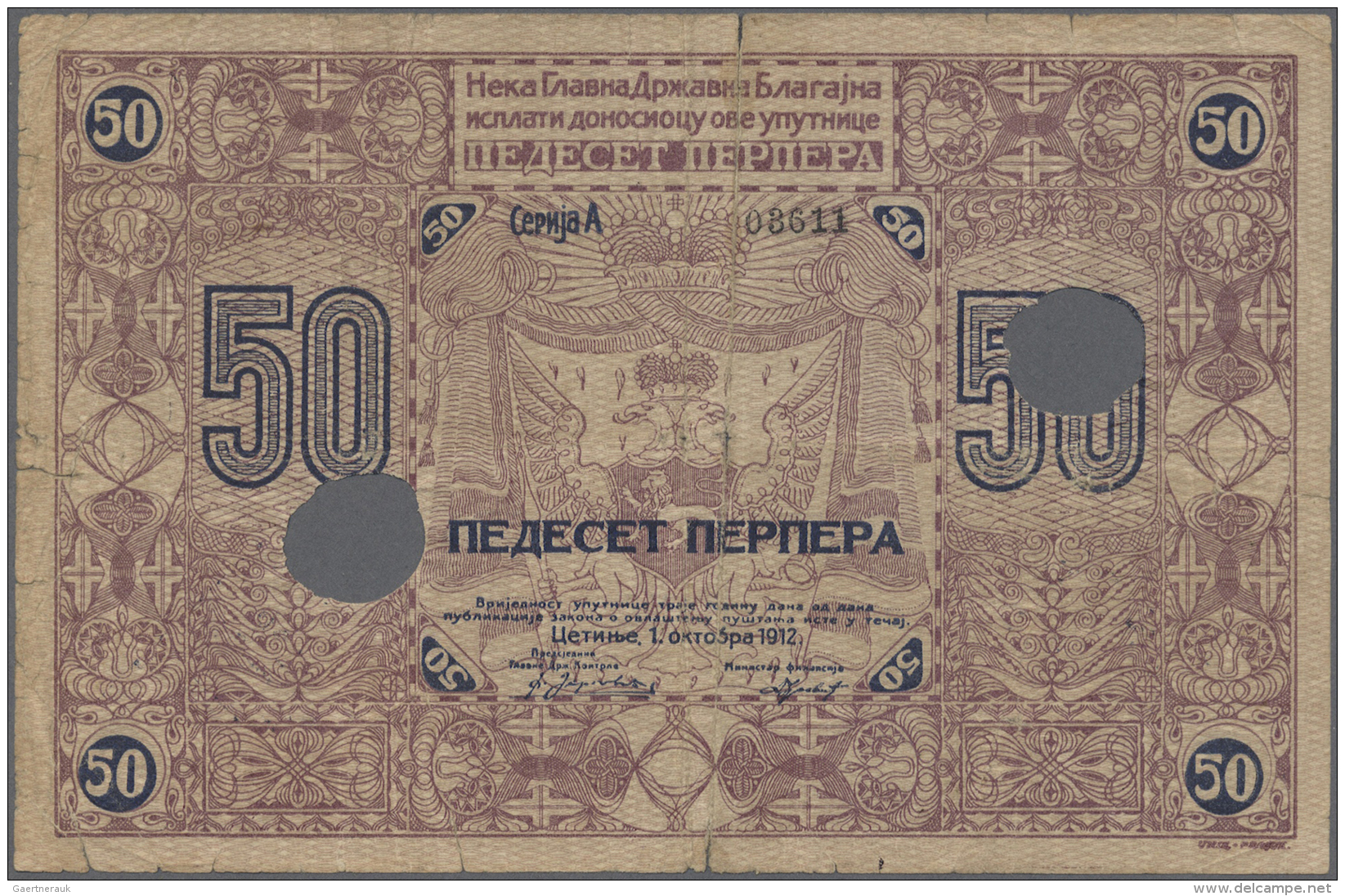 Montenegro: 50 Perper 1912 P. 5, Seldom Seen Note, Used With Center Fold, A 1,5cm Tear At Upper Border, Some Minor Borde - Altri – Europa