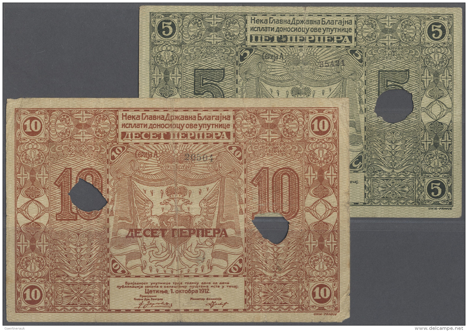 Montenegro: Set Of 2 Notes Containing 5 And 10 Perper 1912 P. 3,4 Both Bank Cancelled, Used With Vertical And Horizontal - Autres - Europe