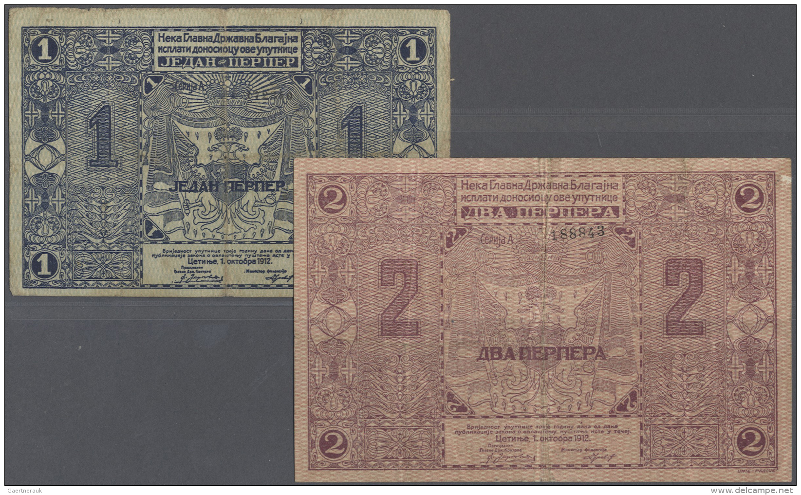 Montenegro: Set Of 2 Notes Containing 1 And 2 Perper 1912 P: 1a, 2s, Both Notes Used With Stronger Center Fold, Several - Altri – Europa