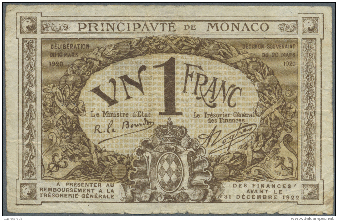 Monaco: 1 Franc 1920 P. 5, Used With Several Folds, Some Softness In Paper And Several Pinholes, Condition: F. - Monaco