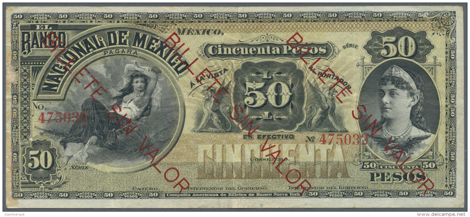 Mexico: El Banco Nacional De Mexico 50 Pesos ND Remainder With Red Overprint "Billete Sin Valor", Normal Serial Number, - Messico