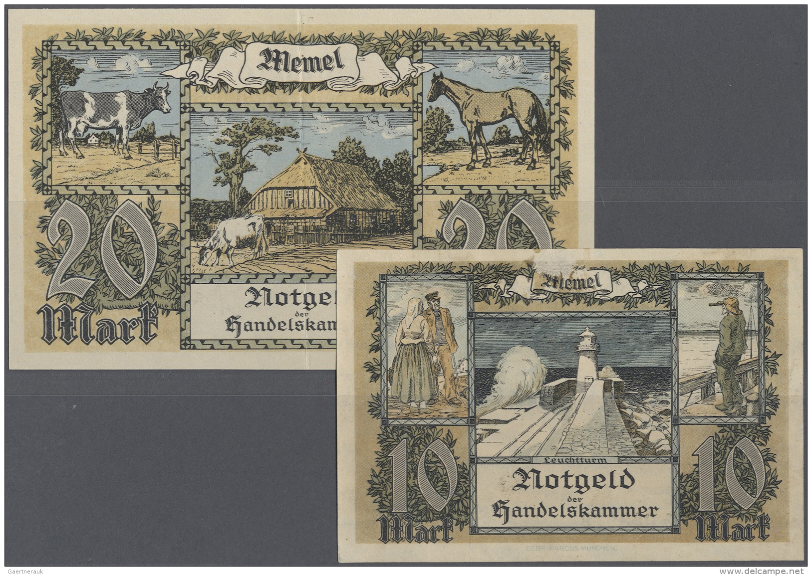 Memel: Set Of 2 Notes 10 And 20 Mark 1922 P. 5 &amp; 6, The 10 Mark Note With Stain In Paper But Crisp (XF), The 20 Mark - Autres - Europe