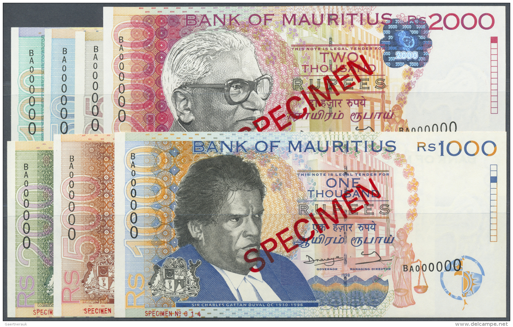 Mauritius: Set Of 7 Different SPECIMEN Banknotes Containing 25 To 2000 Rupees 1998 P. 42s-48s, All In Condition: UNC. (7 - Maurice