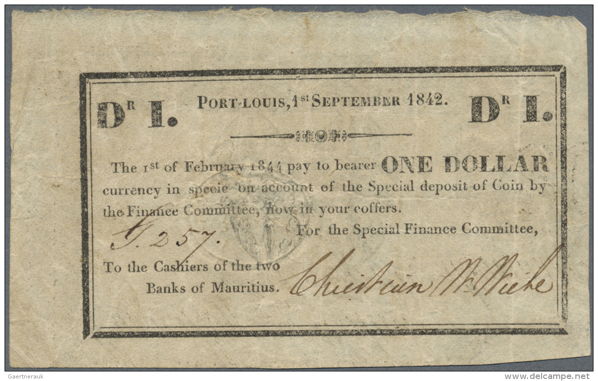 Mauritius: 1 Dollar 1842/1844, P.1F,  Printed On The Back Of Cut Up And Cancelled Notes Of The Mauritius Commercial Bank - Maurice