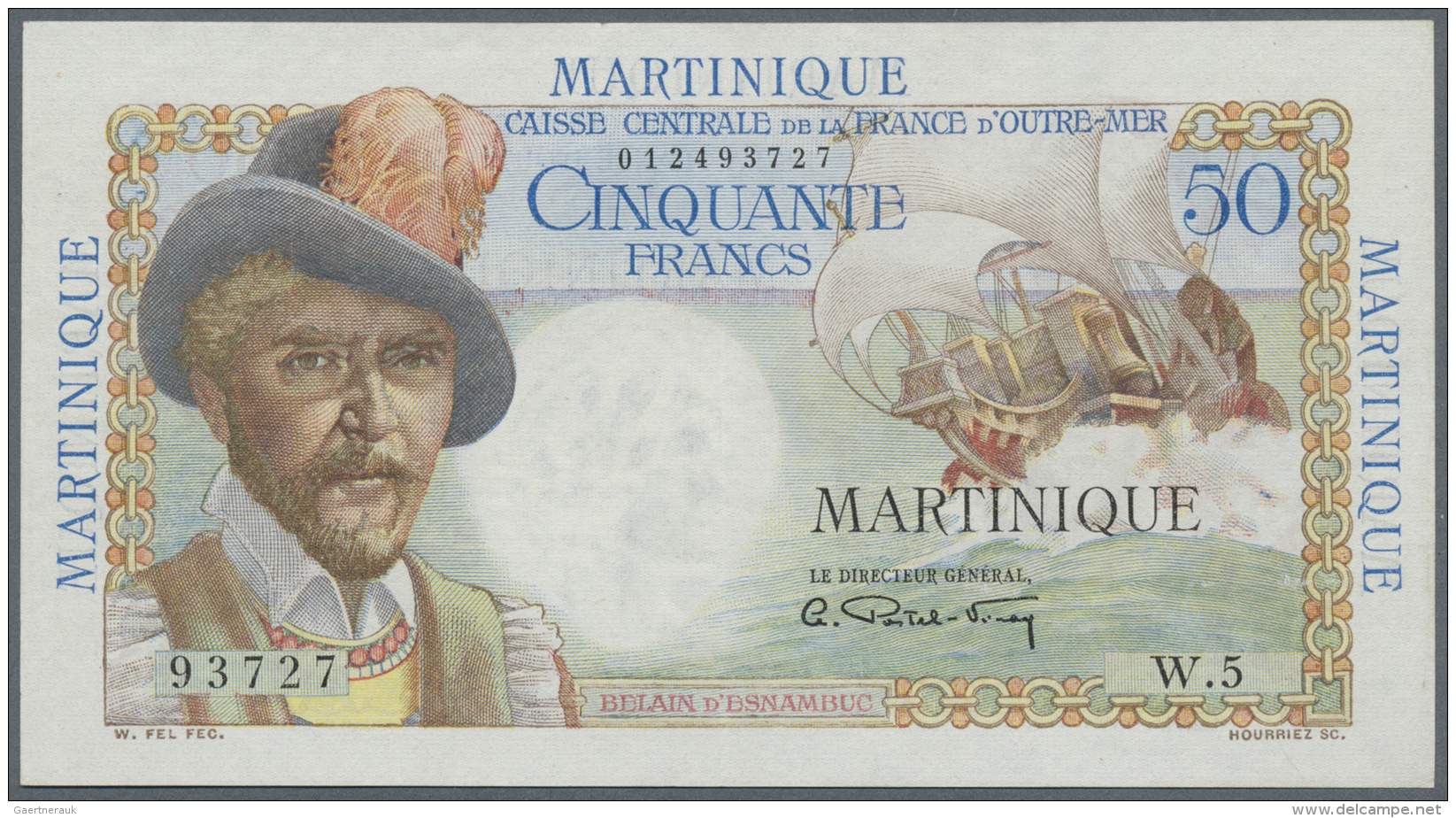 Martinique: 50 Francs ND(1947-52) P. 30, Strong Paper With Crispness, Light Waves At Upper Border, Paper Irritation At L - Altri & Non Classificati
