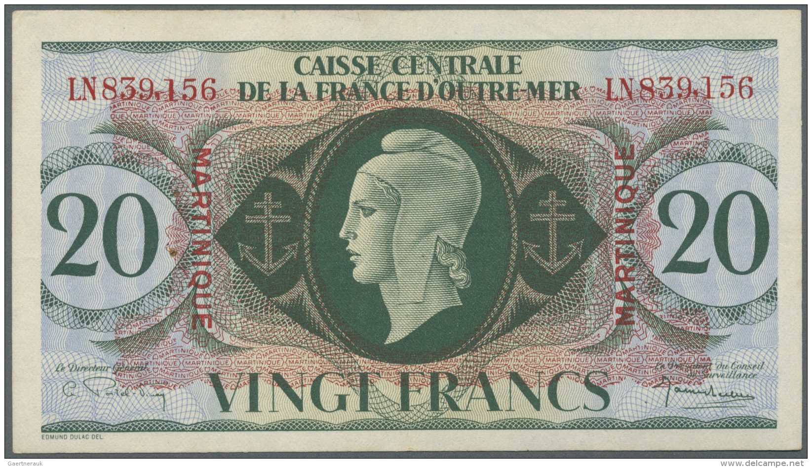 Martinique: Caisse Centrale De La France D'Outre-Mer 20 Francs L.02.02.1944 With Additional Red Overprint "Martinique" A - Autres & Non Classés