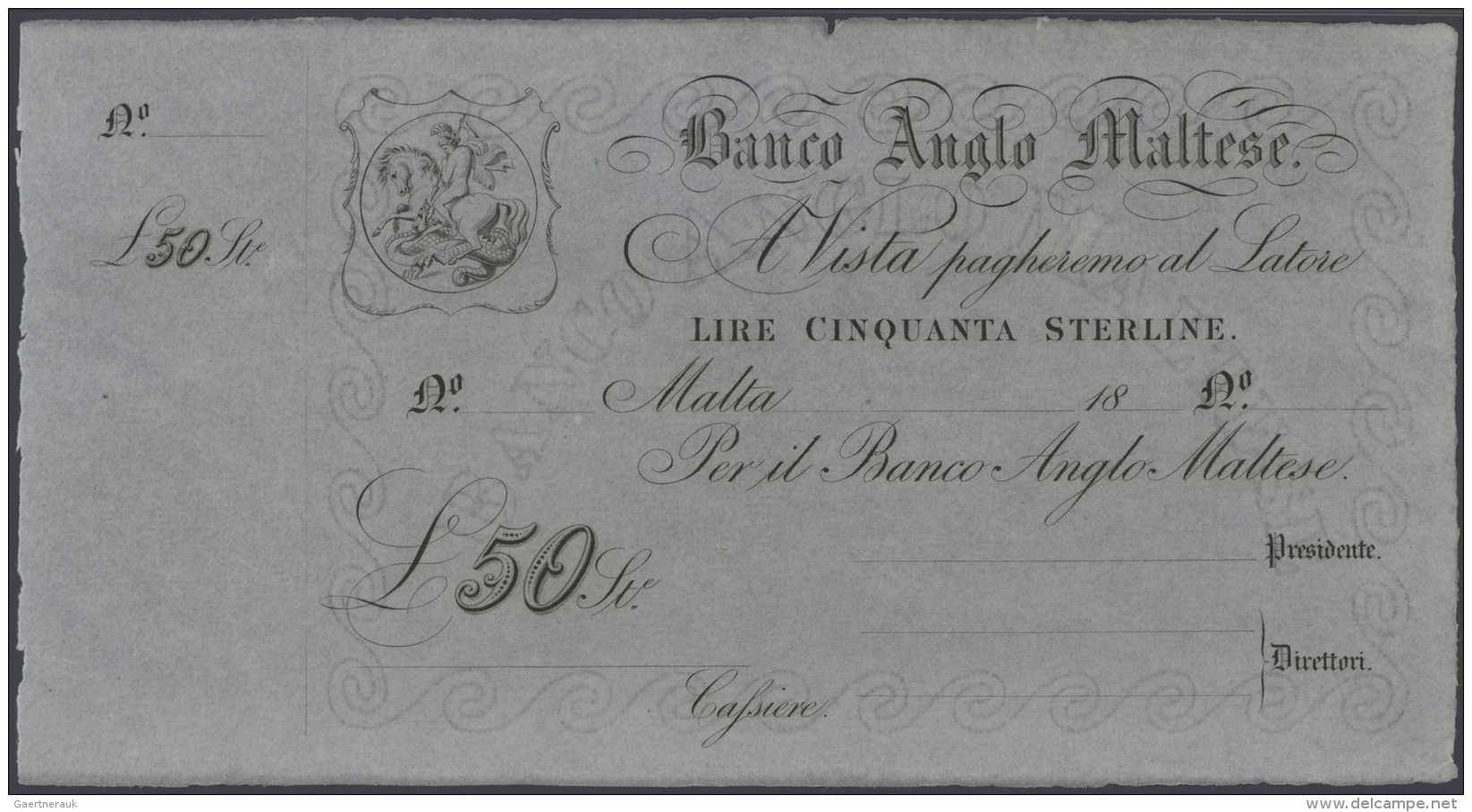 Malta: Banco Anglo Maltese Unsigned Remainder For 50 Pounds ND(1880), P.S116r In Excellent Condition For This Large Size - Malte