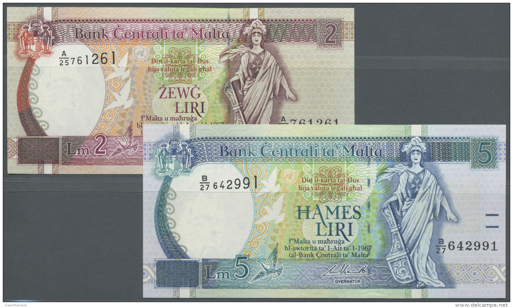 Malta: Set Of 2 Notes Containing 2 Lira ND(1994) P. 45 (UNC) And 5 Lira ND(1994) P. 46 (UNC), Nice Set. (2 Pcs) - Malte