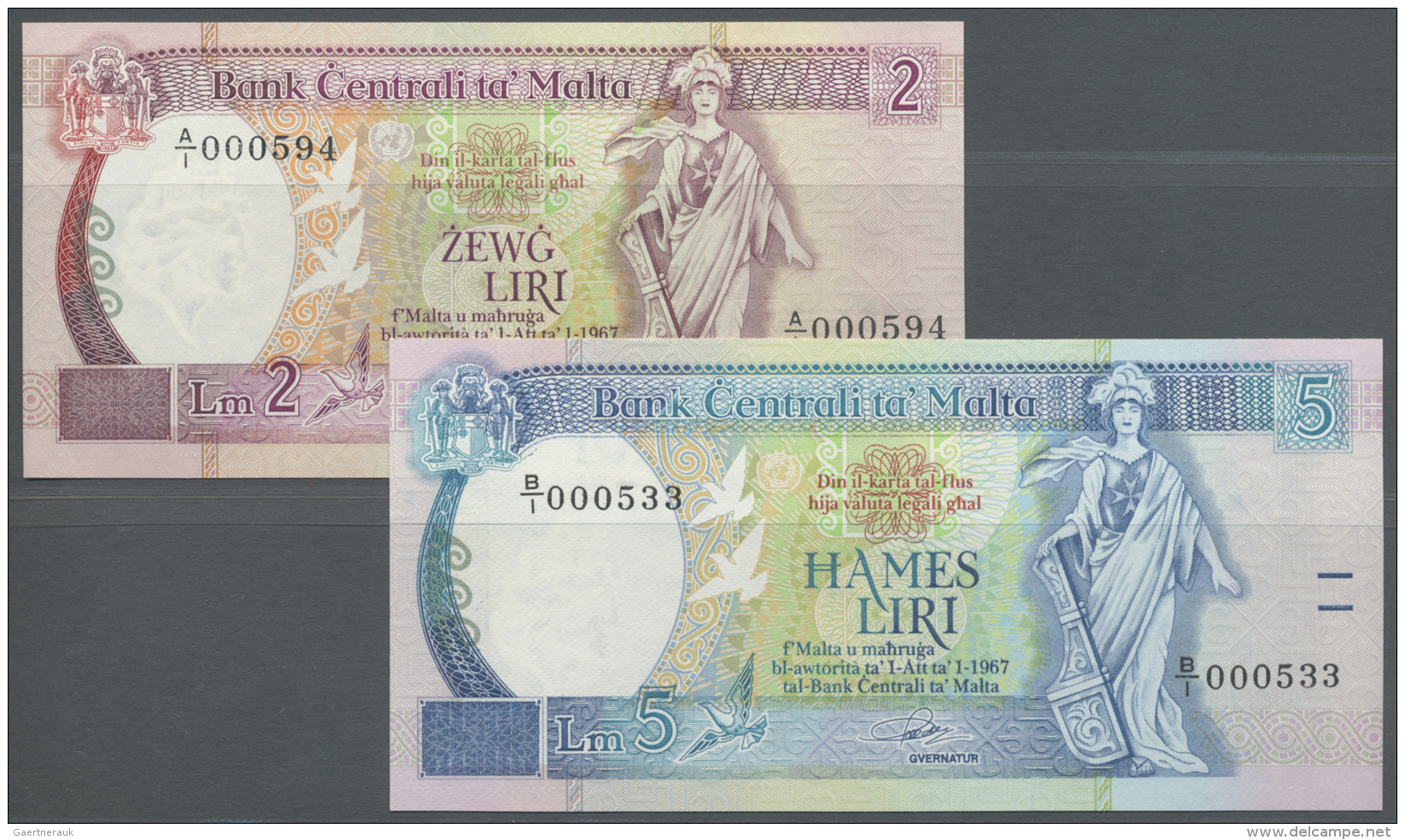 Malta: Set Of 2 Notes Containing 2 Lira ND(1989) P. 41a (UNC) And 5 Lira ND(1989) P. 42a (UNC), Nice Set. (2 Pcs) - Malte