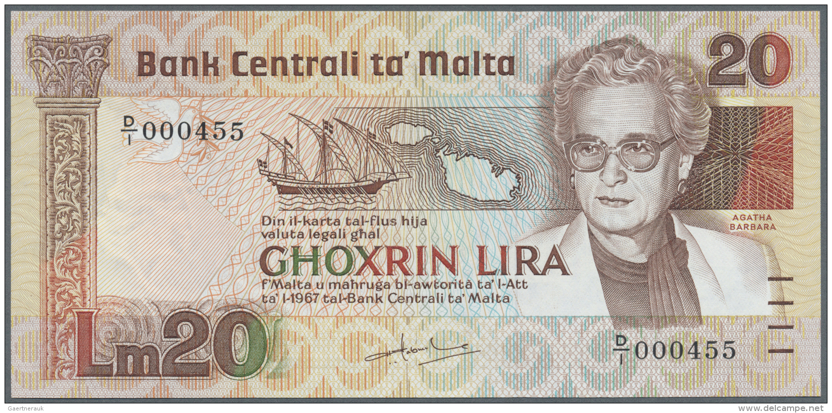 Malta: 20 Lira ND(1986) P. 40a, Only A Light Dint At Upper Left Edge, Otherwise Crisp Condition: AUNC. - Malte