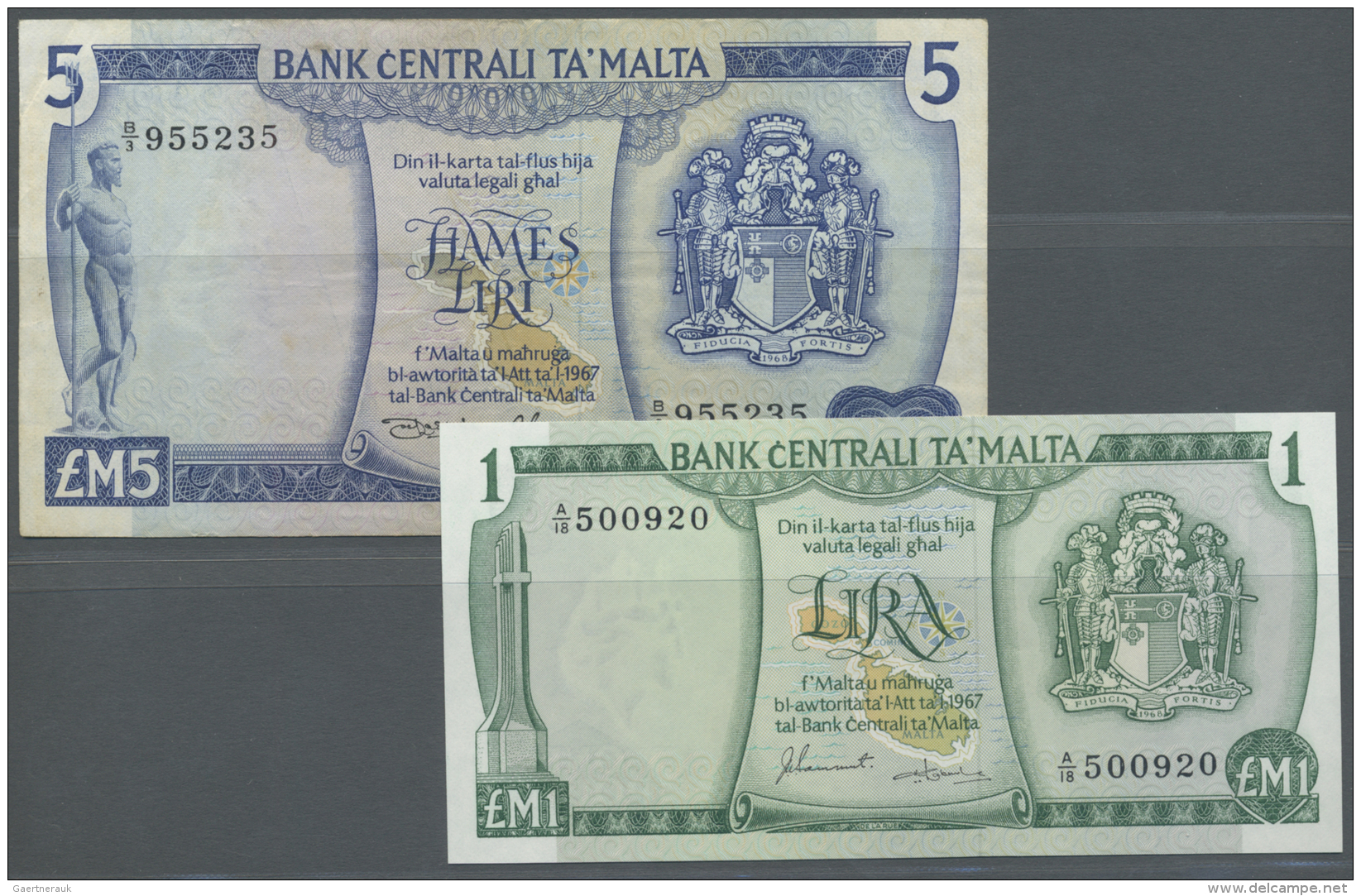 Malta: Set Of 2 Notes Containing 1 Lira ND(1973) P. 31 (UNC) And 5 Lira ND(1973) P. 32 (F+), Nice Set. (2 Pcs) - Malte