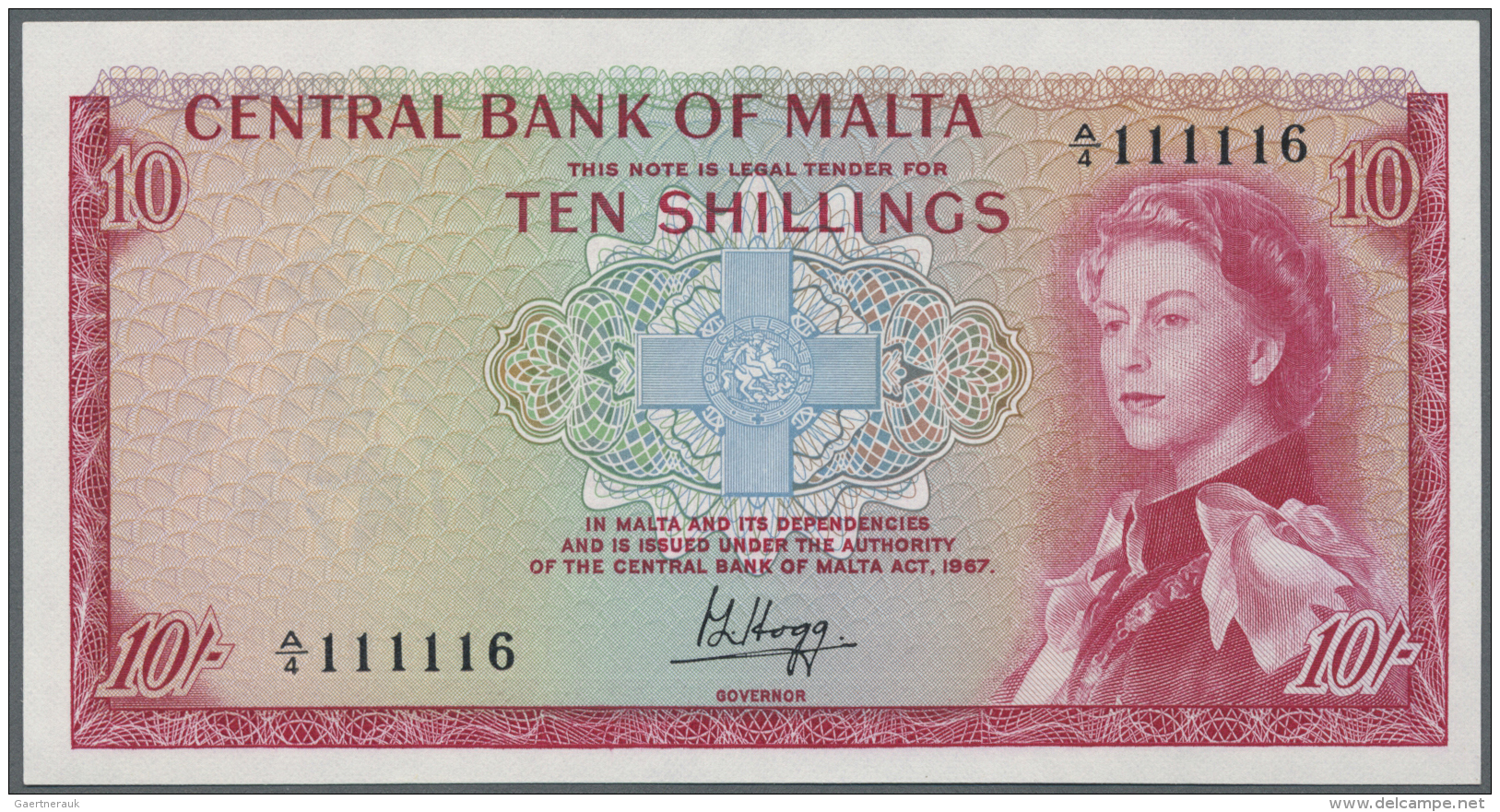 Malta: 10 Shillings L.1967 P. 28 With Nice Serial Number #111116, 3 Light Dints In Paper, Condition: AUNC. - Malta