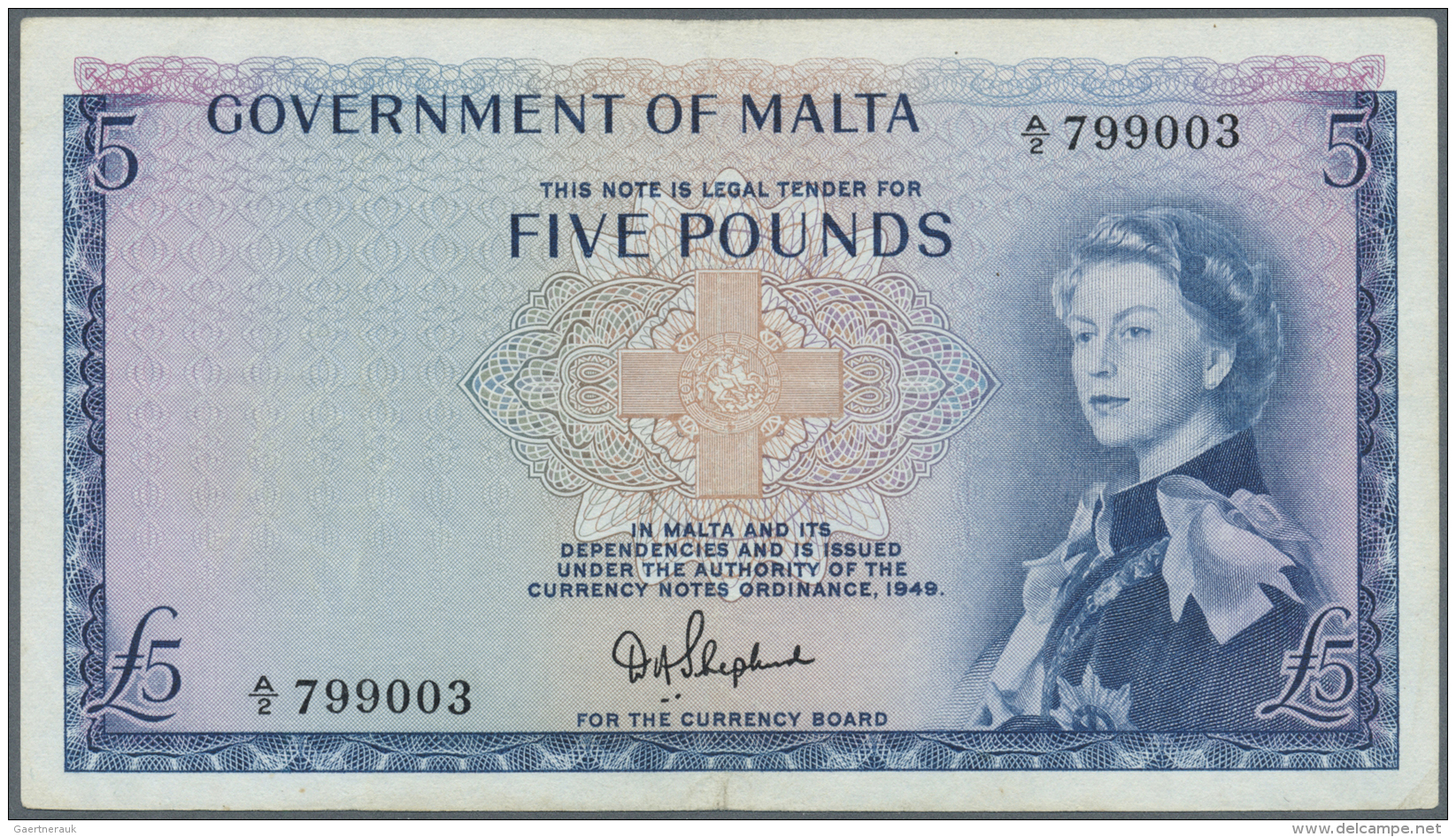 Malta: 5 Pounds ND(1961) P. 27a, Light Center And Horizontal Fold, Handling In Paper, Probably Pressed Dry, No Holes Or - Malta