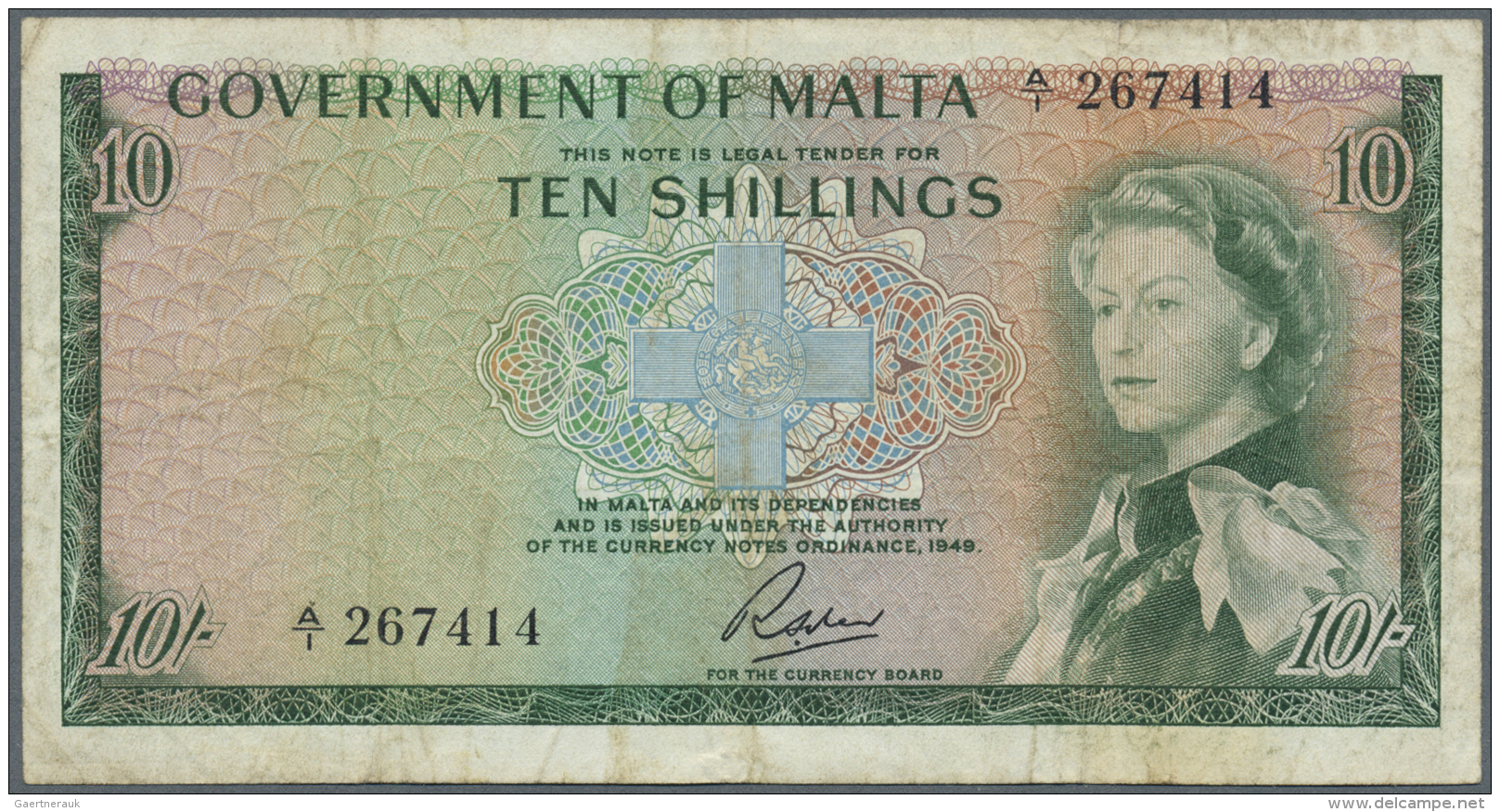Malta: 10 Shillings ND(1963) P. 25a, Used With Folds, Staining On Back, No Holes Or Tears, Still Strongness In Paper, Co - Malte