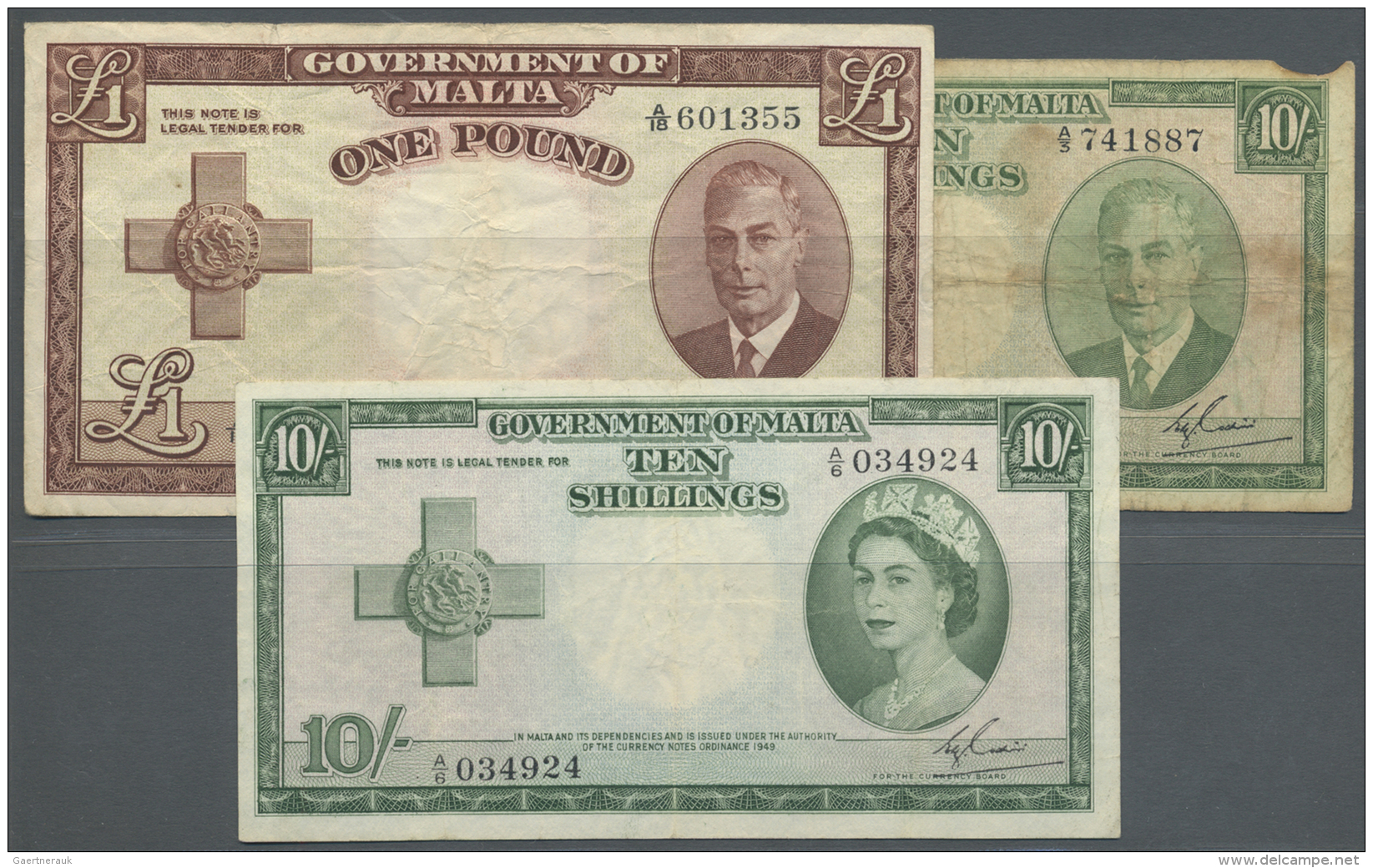 Malta: Set Of 3 Notes Containing 10 Shillings ND(1951) P. 21 (VG+), 1 Pound ND(1951) P. 22a (F+) And 10 Shillings ND(195 - Malta