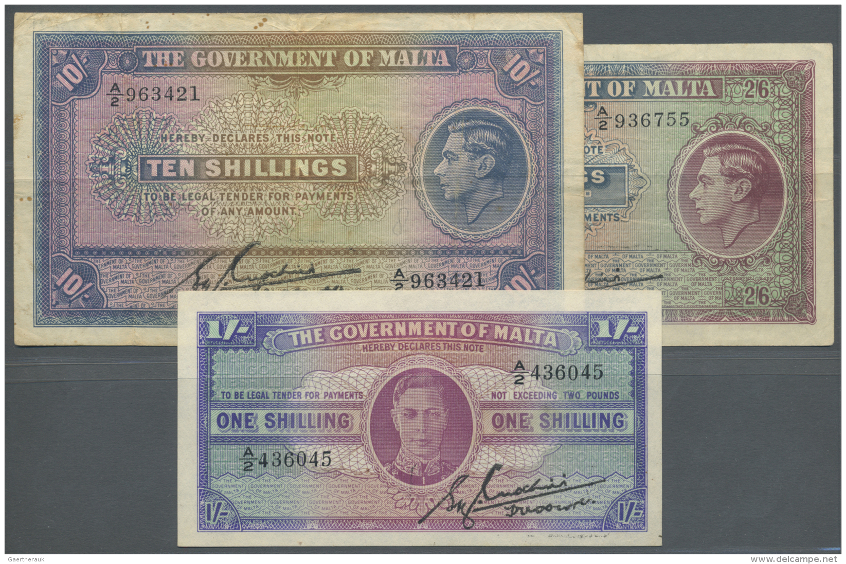 Malta: Set Of 3 Notes Containing 1 Shilling ND(1943) P. 16 (aUNC), 2 Shillings ND(1942) P. 17 (F+ Without Holes Or Tears - Malta