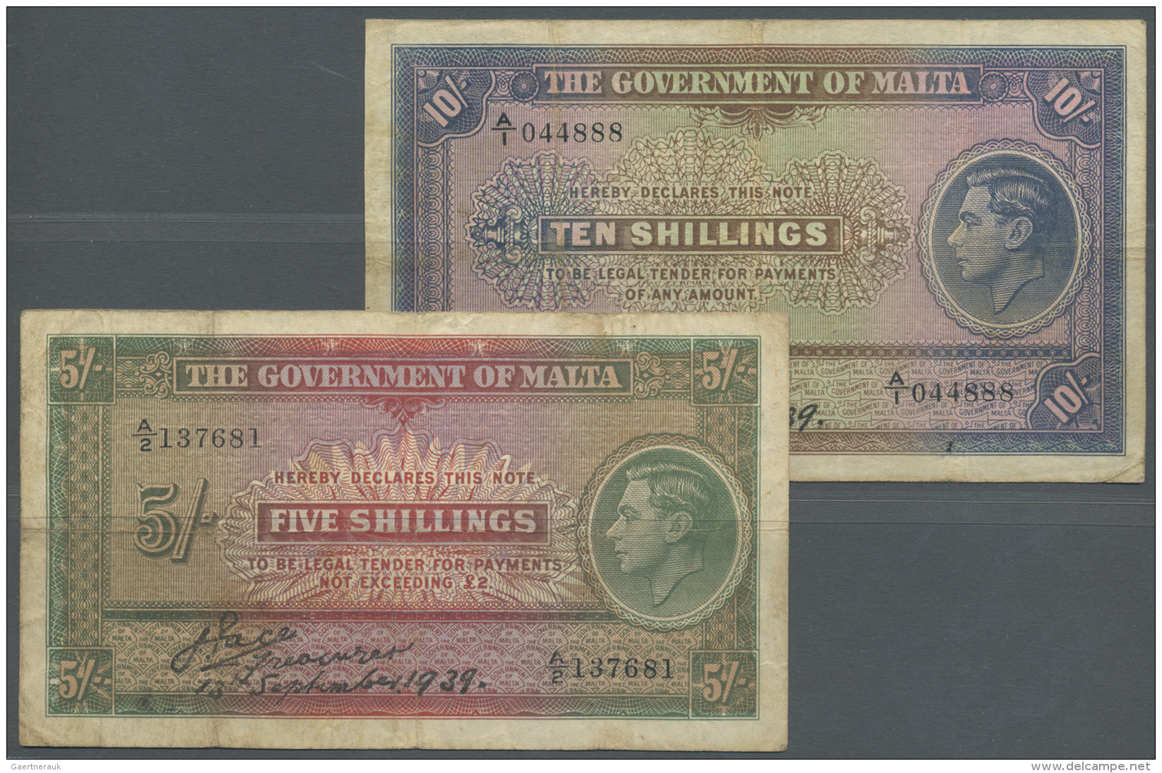 Malta: Set Of 2 Notes Containing 5 Shillings 1939 P. 13 (F, Strong Paper And Nice Colors) And 10 Shillings 1939 P. 13 (F - Malta