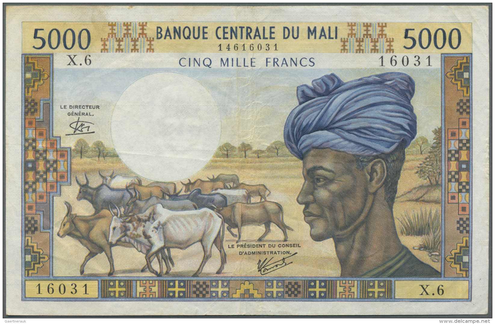 Mali: 5000 Francs ND(1972-84) P. 14e, Used With Some Folds And Creases, Light Stain At Upper Left But No Holes Or Tears, - Mali