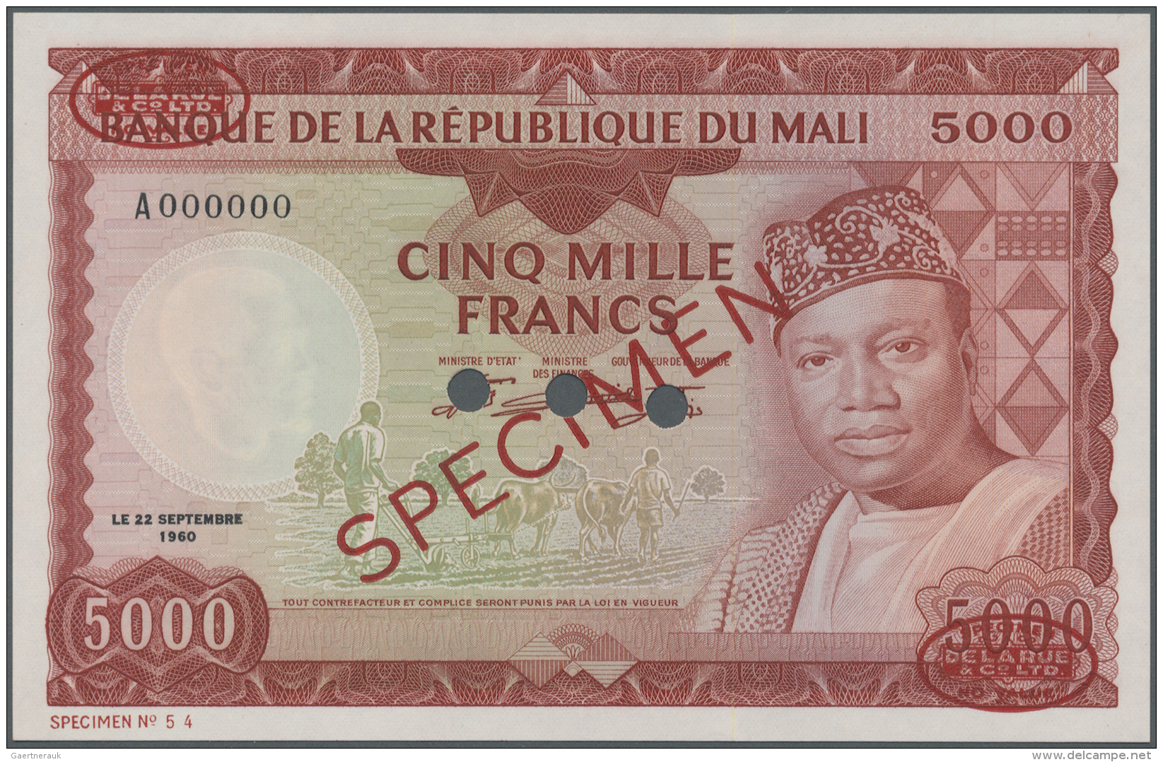 Mali: 5000 Francs 1960 Specimen P. 10s. This Rare Specimen Banknote Has Oval De La Rue Overprints In Corners, Specimen N - Mali