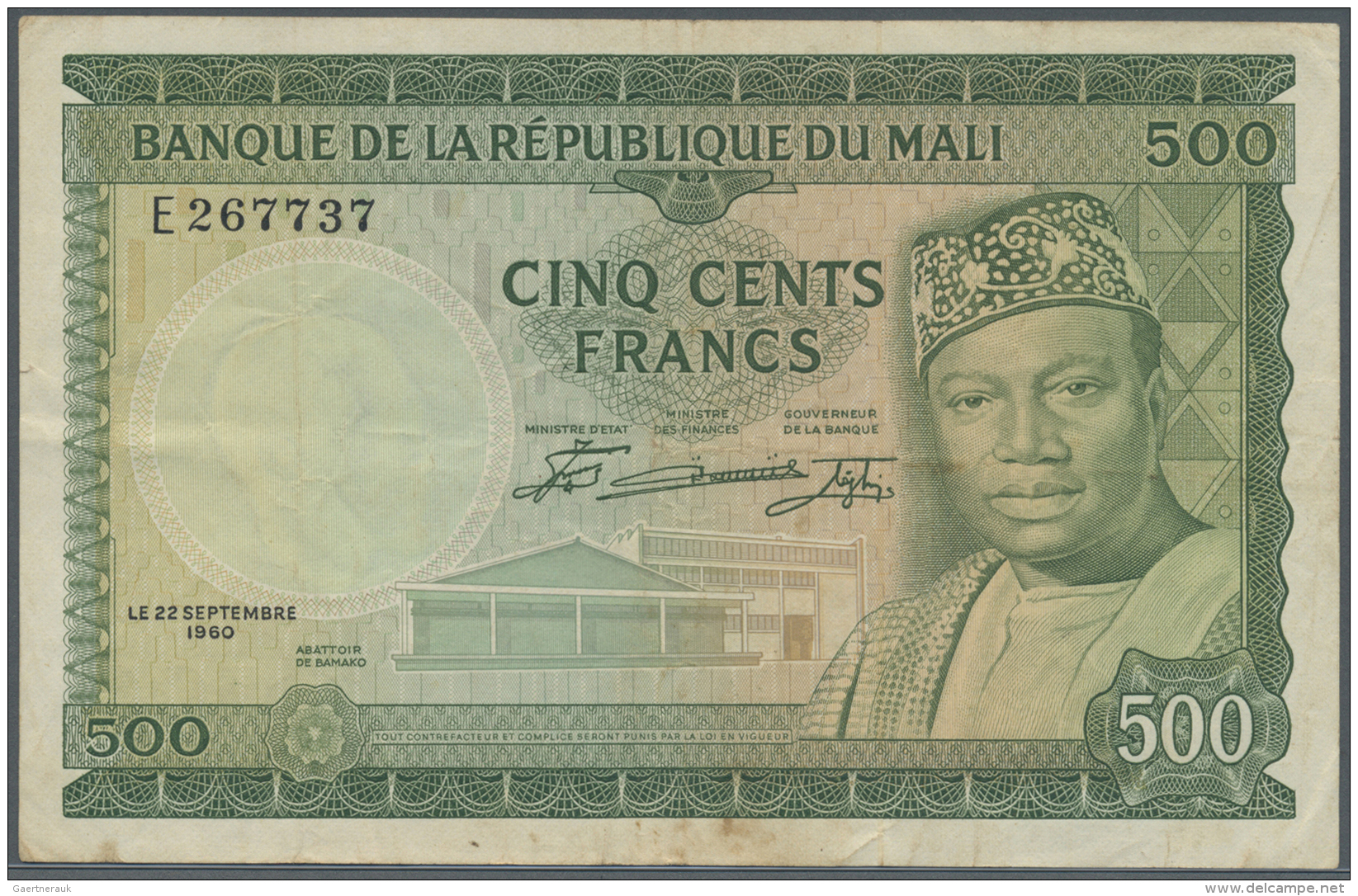 Mali: 500 Francs 1960 P. 8, Used With Vertical And Horizontal Folds, No Holes Or Tears, Light Stain Trace At Lower Borde - Mali