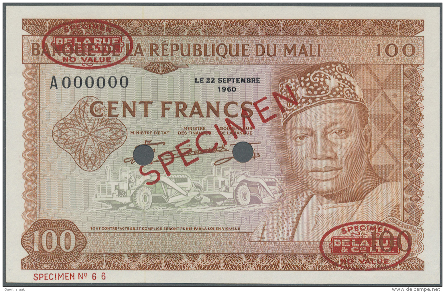 Mali: 100 Francs 1960 Specimen P. 7s. This Rare Specimen Banknote Has Oval De La Rue Overprints In Corners, Specimen Num - Mali