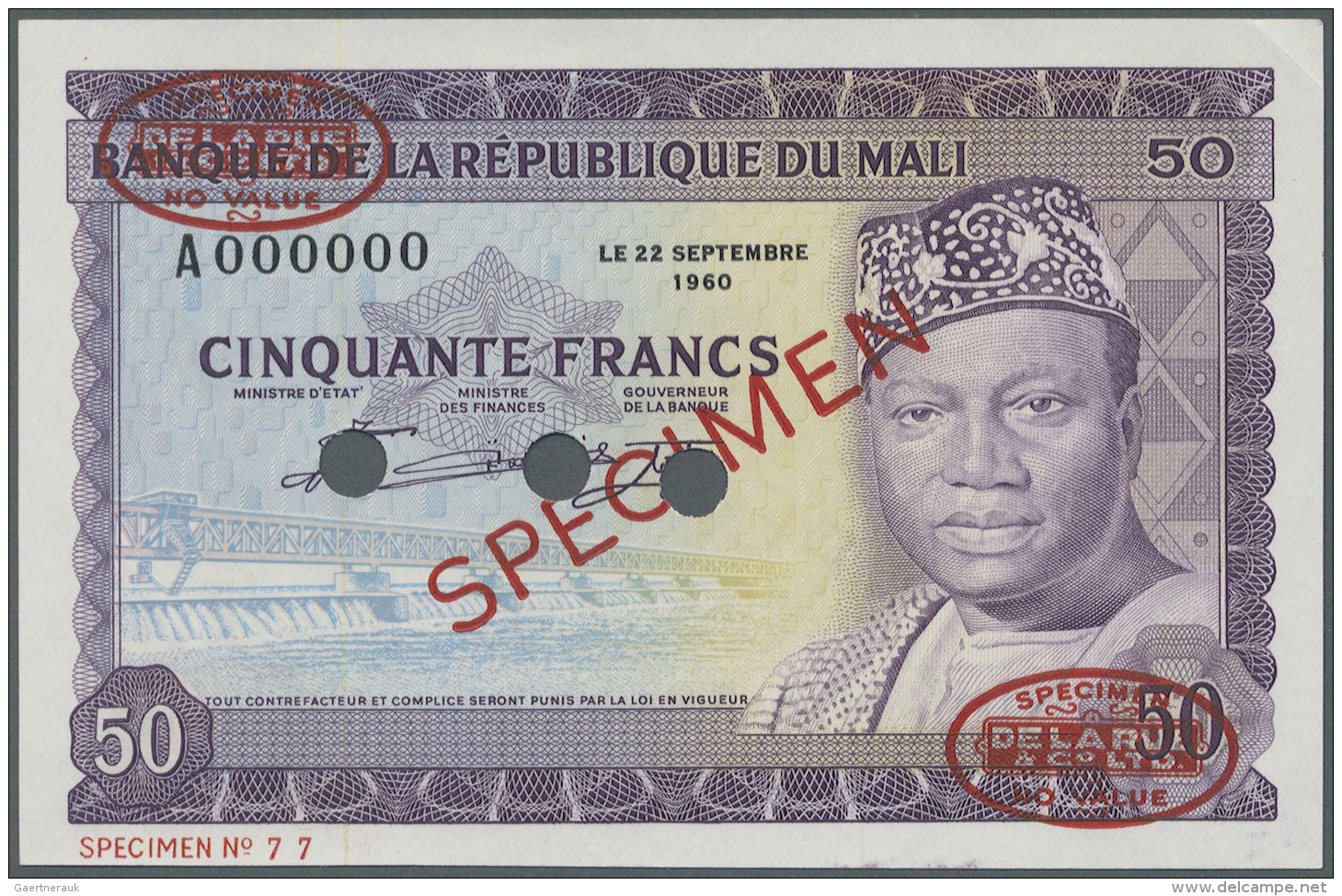 Mali: 50 Francs 1960 Specimen P. 6s. This Rare Specimen Banknote Has Oval De La Rue Overprints In Corners, Specimen Numb - Mali