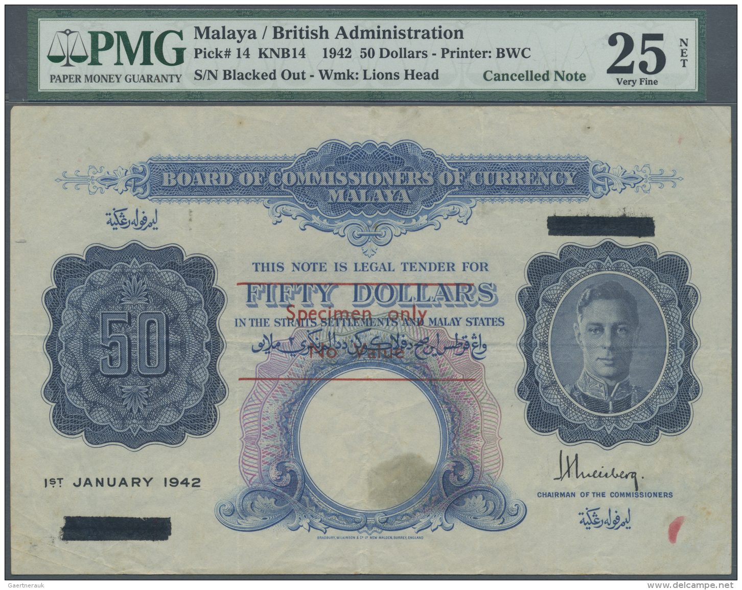 Malaya: 50 Dollars 1942, Printer BWC, P.14, Serial Number Blacked Out With Red Overprint "Specimen Only - No Value", Sev - Malaysie
