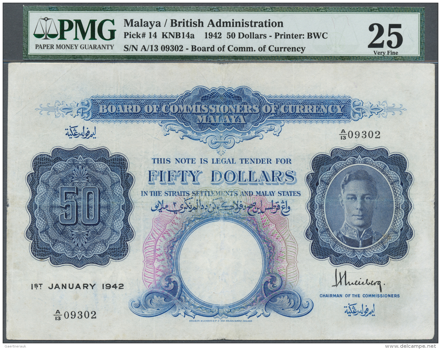 Malaya: 50 Dollars 1942, P.14, Highly Rare Note With Several Folds, Some Spots And Tiny Hole At Center, PMG Graded 25 Ve - Malaysie