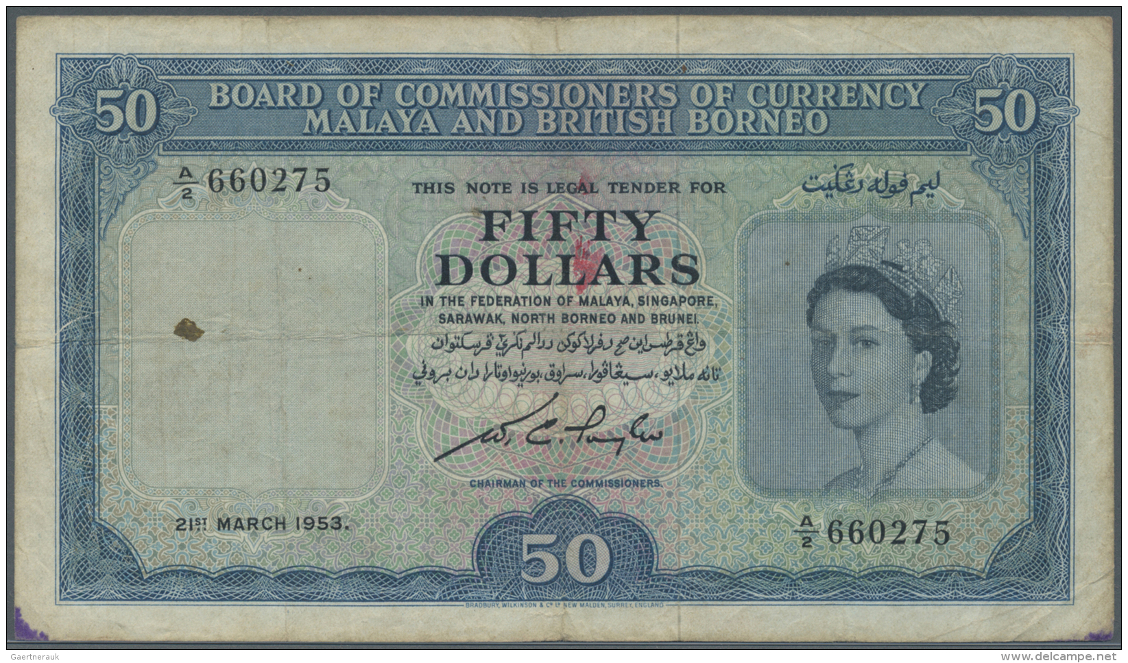 Malaya &amp; British Borneo: 50 Dollars 1953 P. 4a, Used With Vertical And Horizontal Folds, Ink Stains At Left, A 1cm T - Malaysie