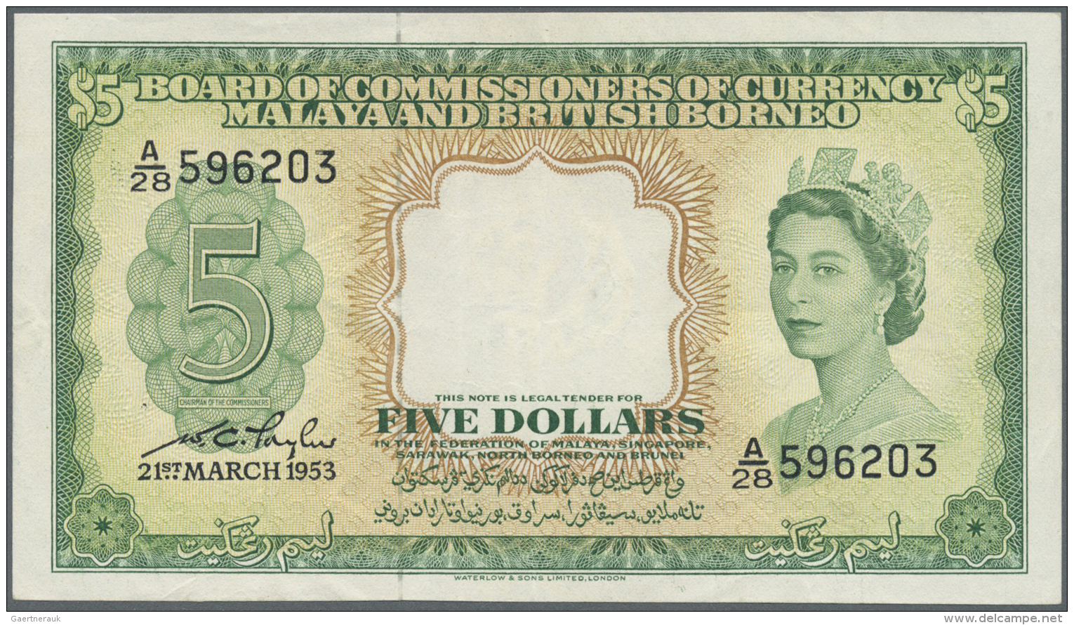 Malaya &amp; British Borneo: 5 Dollars 1953, P.2, Very Nice And Attractive Banknote With Vertical Fold At Center And A F - Malesia