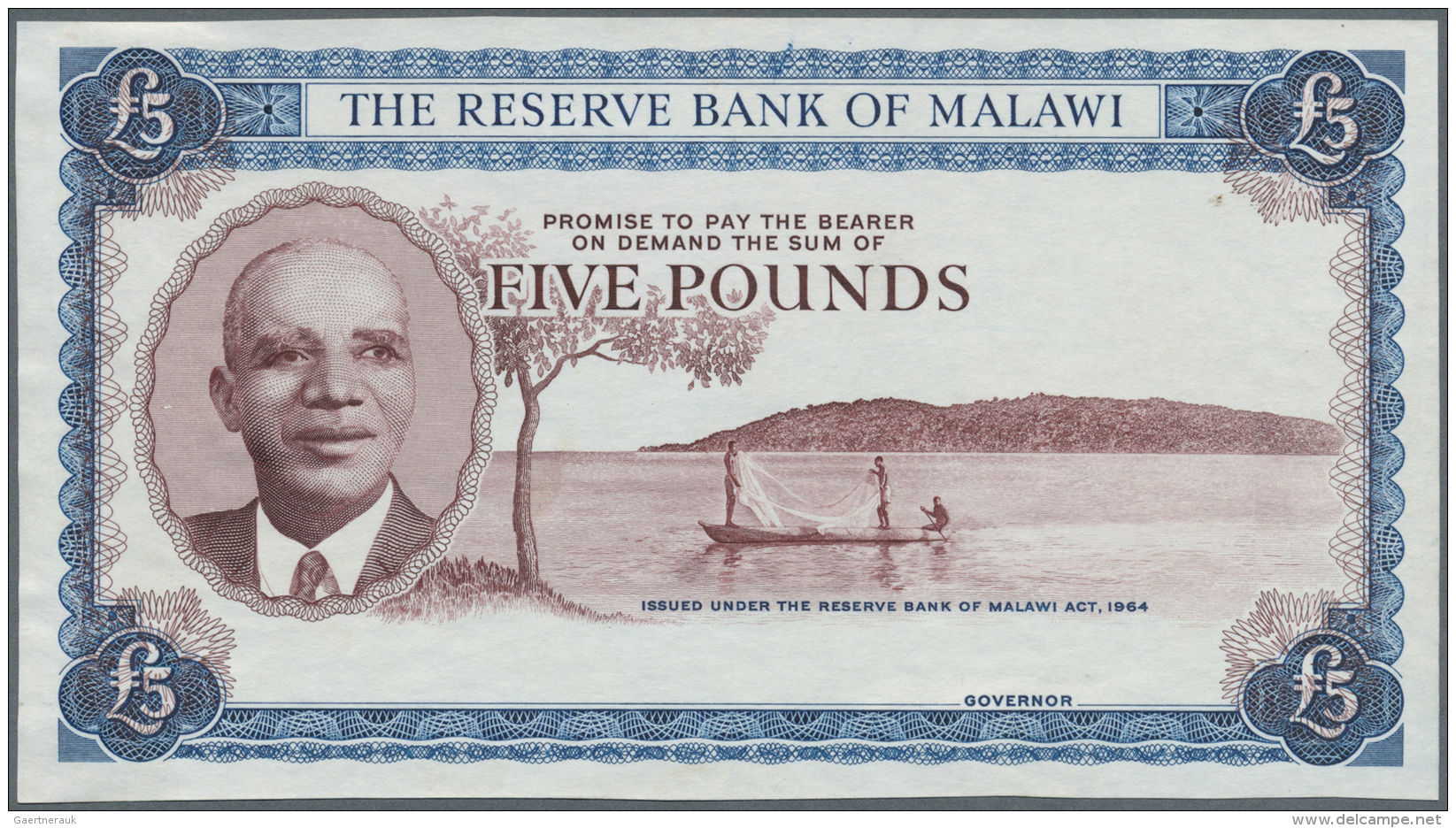 Malawi: 5 Pounds L.1964 PROOF P. 4(p), Uniface Intaglio Print, Without Underprint, Glue Residuals From Attachment At Rig - Malawi