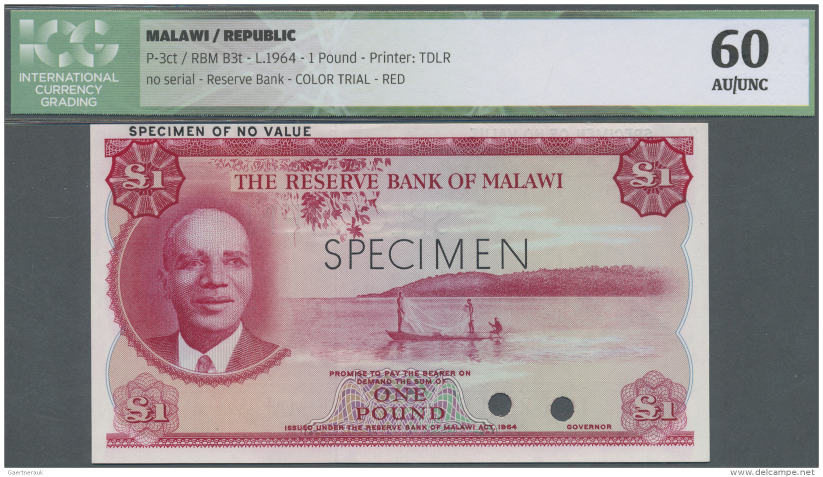 Malawi: 1 Pound L.1964 P. 3ct Color Trial, Condition: ICG Graded 60 AU/UNC. - Malawi