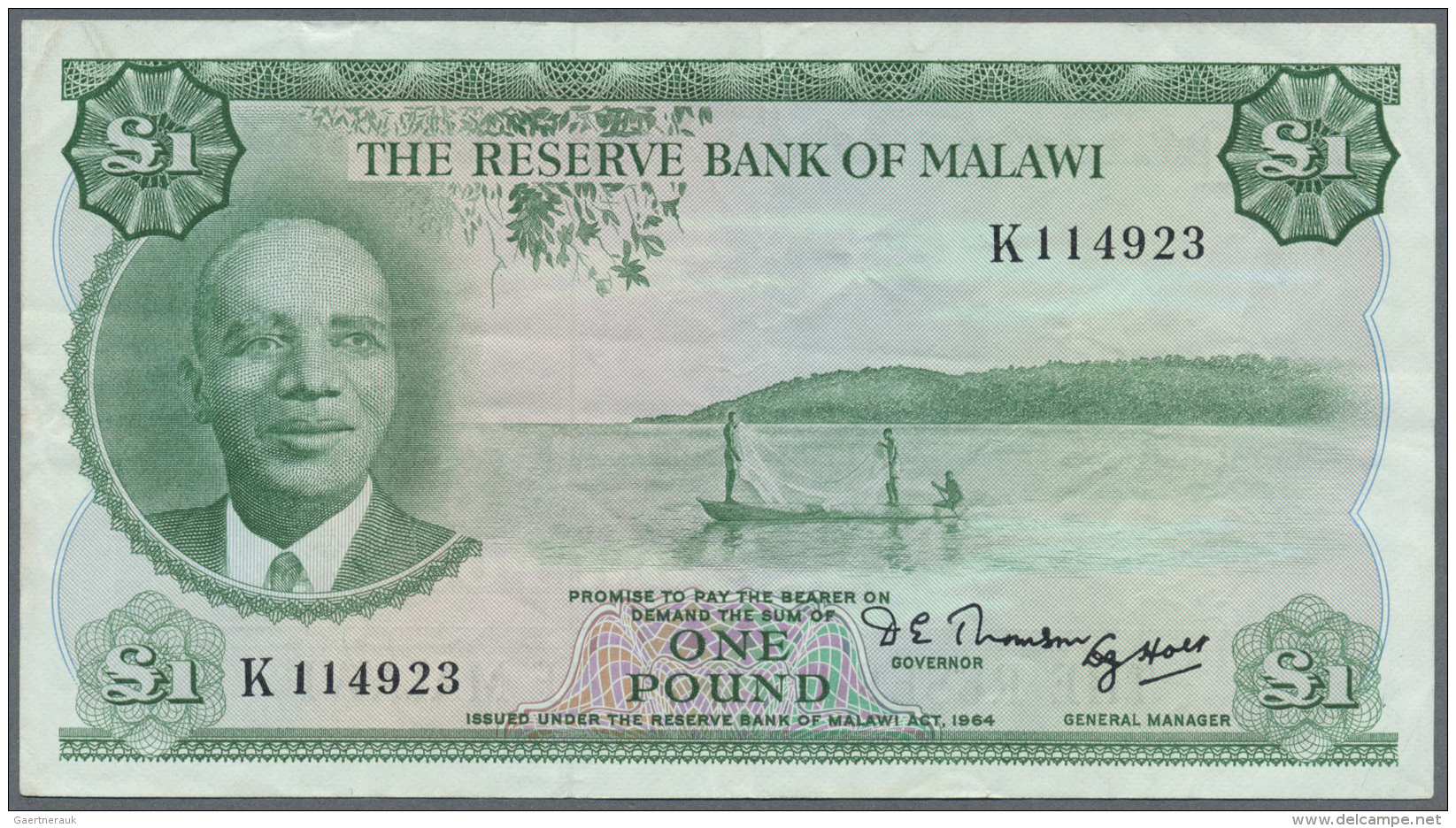 Malawi: Malawi: 1 Pound L.1964 With Two Signatures At Lower Right, P.3A, Great Original Shape With Some Folds And Crease - Malawi