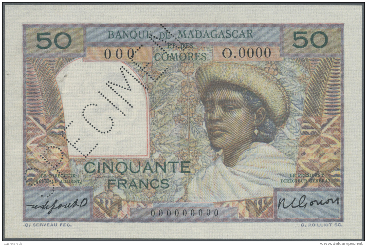 Madagascar: 50 Francs ND(1950-51) Specimen P. 45bs, With Zero Serial Number And Specimen Perforation, 2 Pinholes At Left - Madagascar