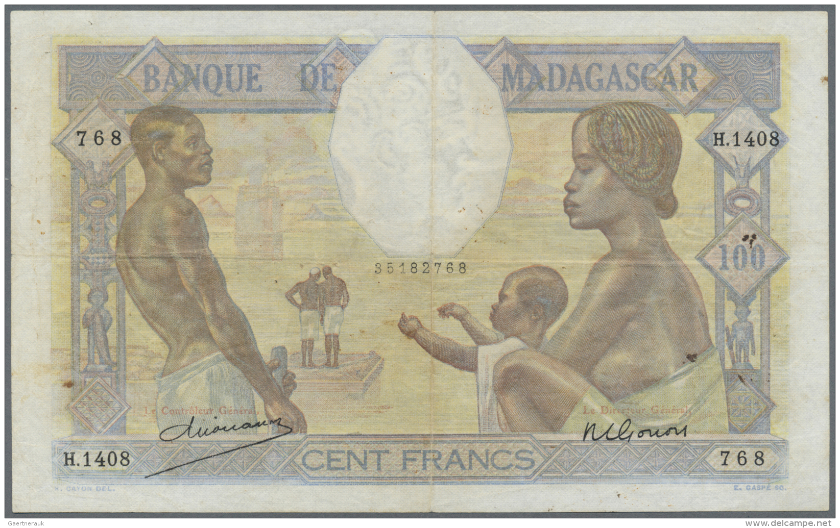 Madagascar: 100 Francs ND(1937) P. 40, Used With Vertical And Horizontal Fold, Minor Pinholes, Only One Minor 1mm Tear A - Madagascar