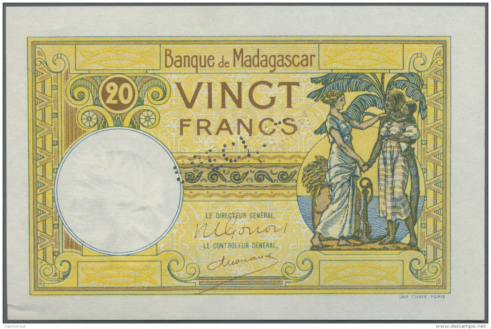Madagascar: 20 Francs ND(1938) Specimen P. 37s, Specimen Perforation At Center, W/o Serial Numbers, Light Handling In Pa - Madagascar