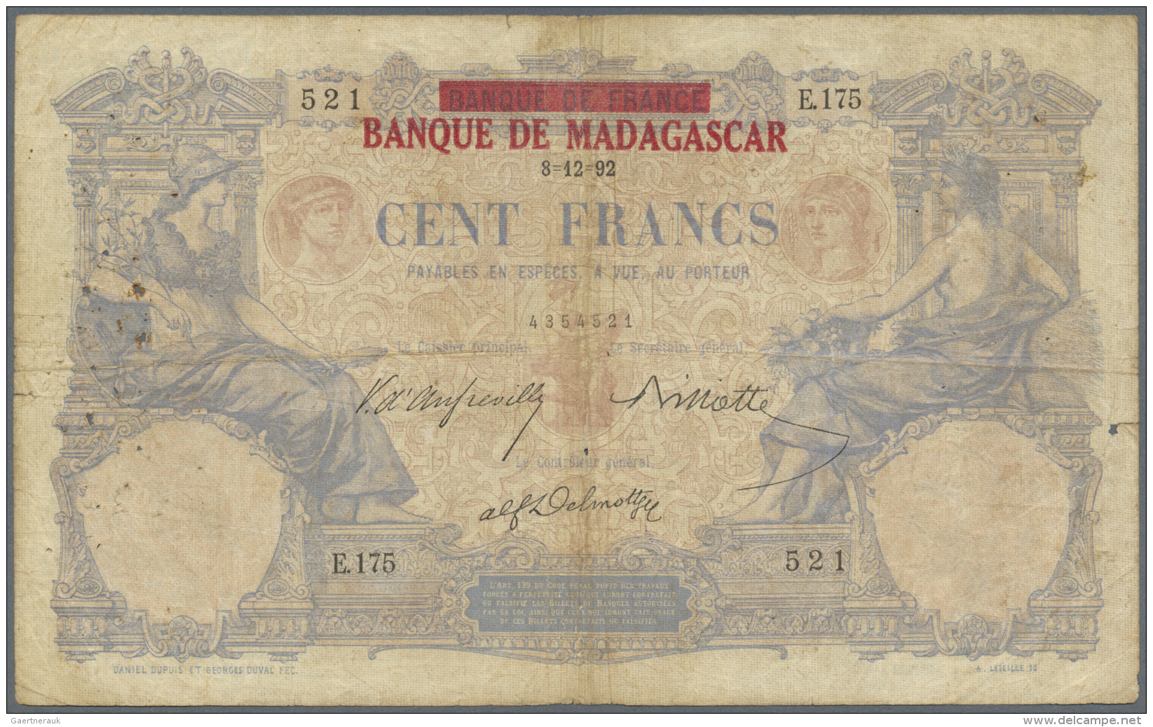 Madagascar: 100 Francs ND(1926) P. 34 Provisional Issue With Red Overprint "Banque De Madagascar" On An Unissued Banknot - Madagascar