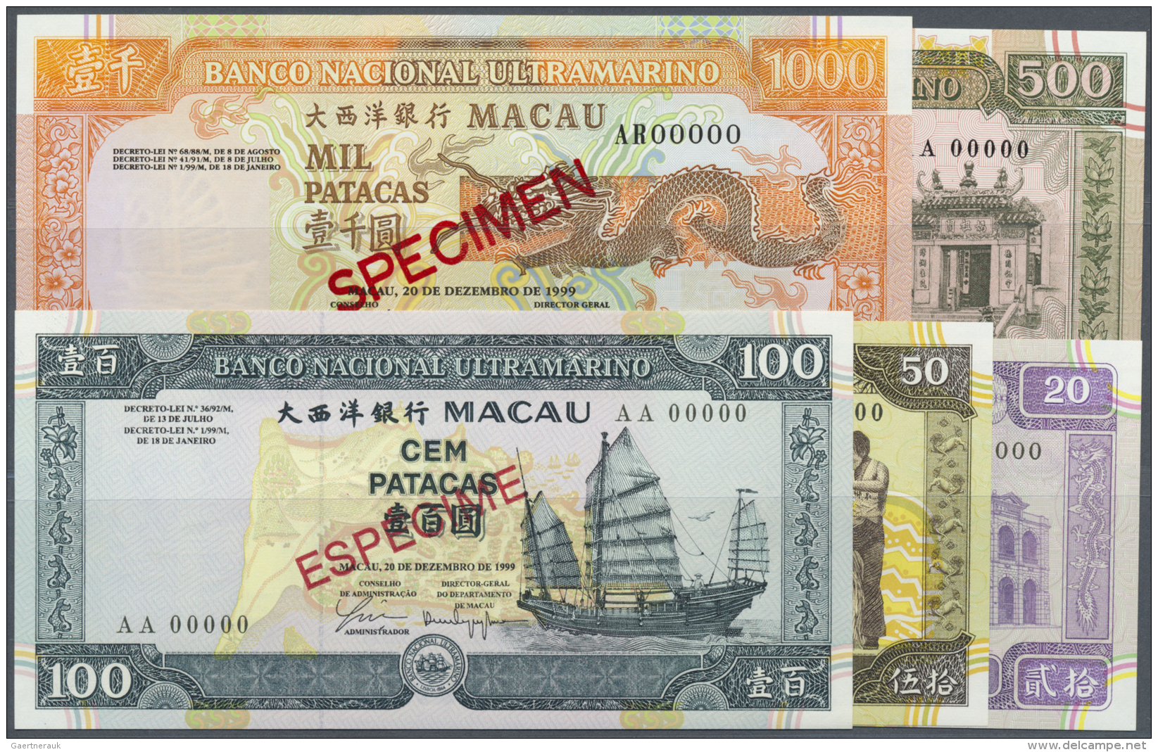 Macau / Macao: Series Of 5 Specimen Notes Containing 20, 50, 100, 500 And 1000 Patacas 1999 Specimen P. 71s-75s, All In - Macau