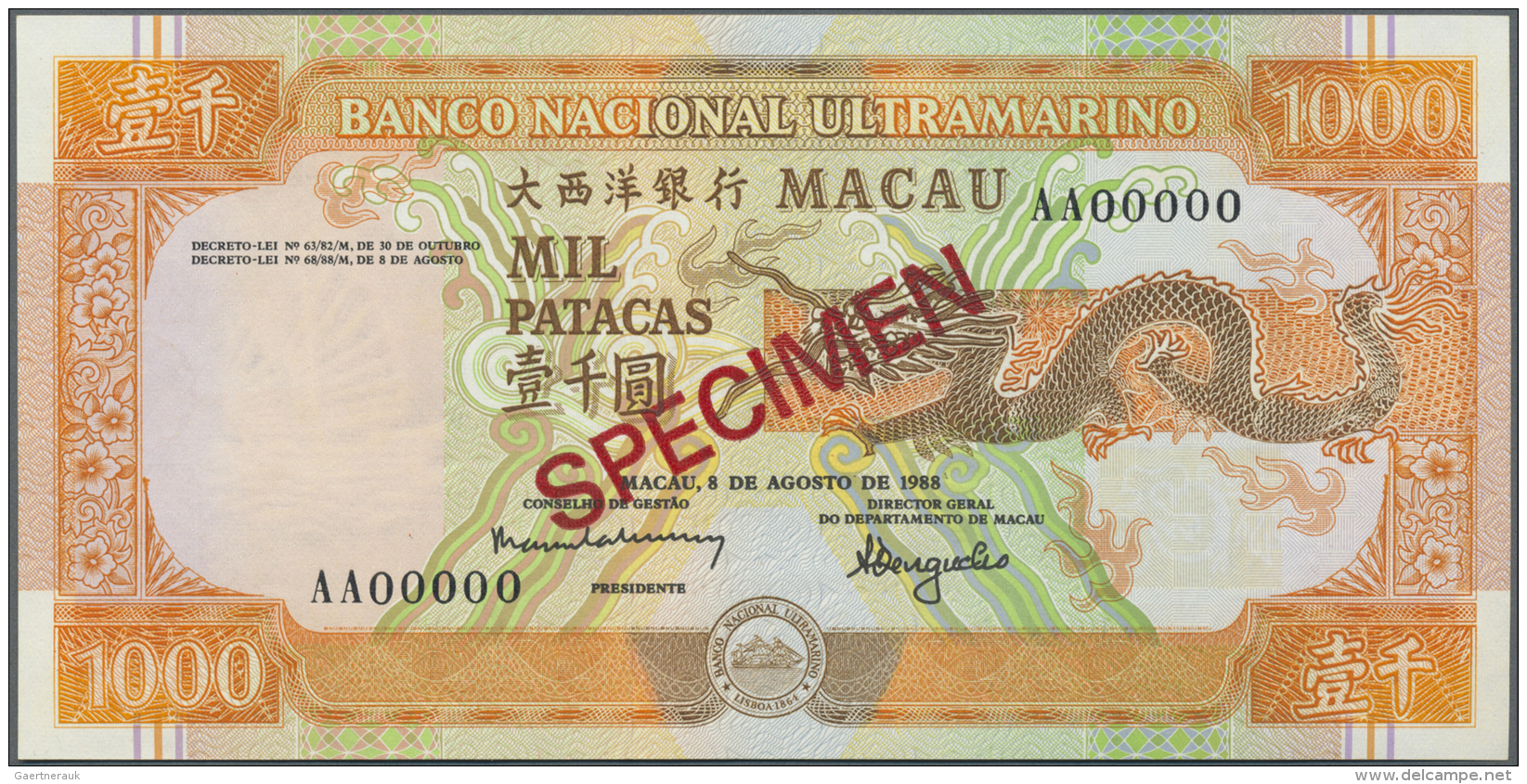 Macau / Macao: 1000 Patacas 1988 Specimen P. 63s, Zero Serial Numbers, Red Specimen Overprint, One Dint At Lower Right, - Macau