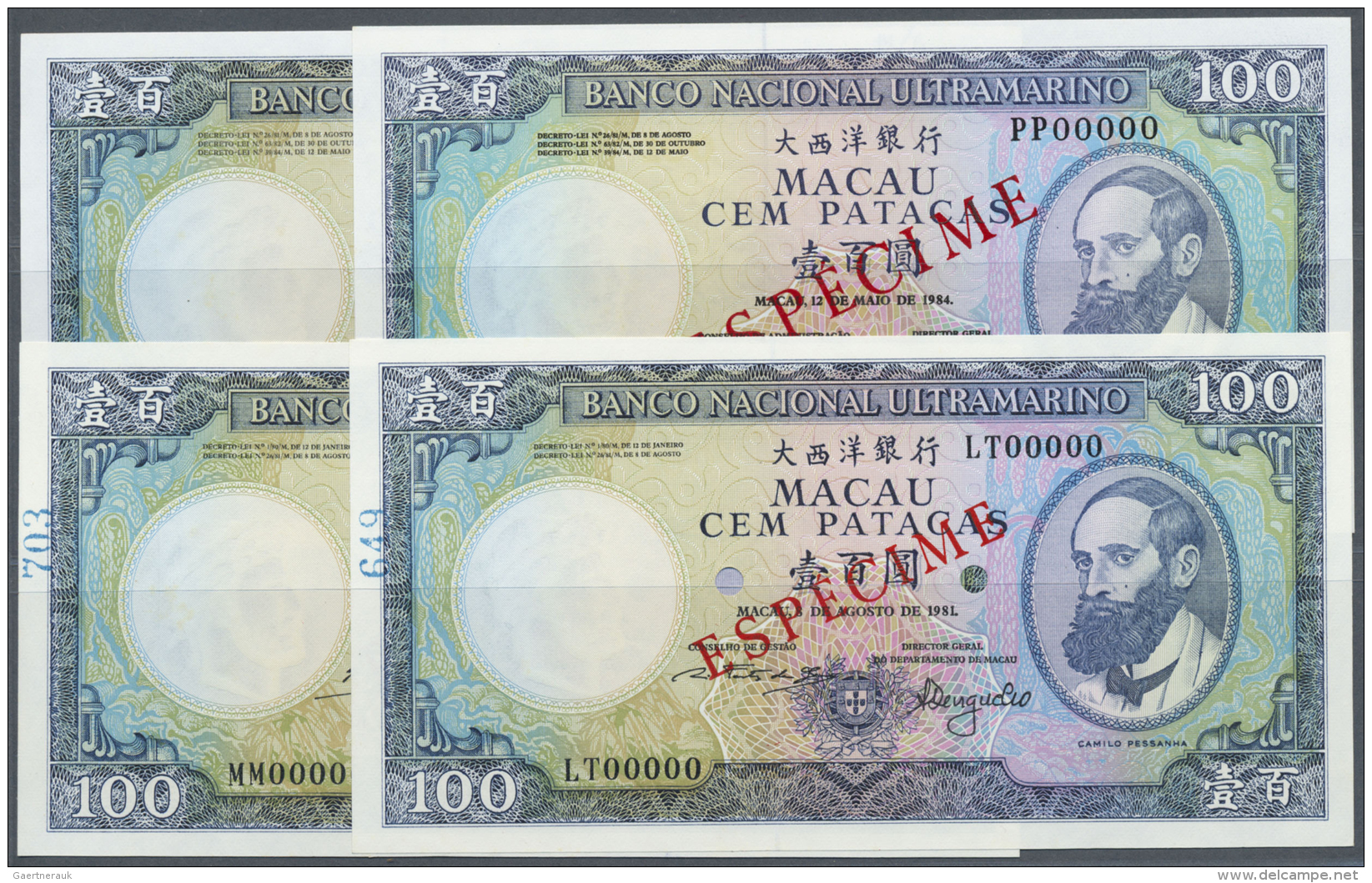 Macau / Macao: Set Of 4 Different Signature Specimens Of 100 Patacas 1981 Specimen P. 61s, Zero Serial Numbers And Speci - Macao