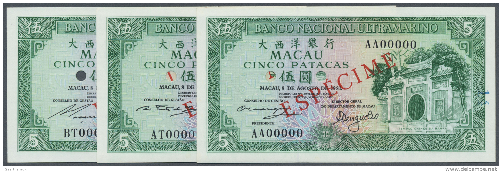 Macau / Macao: Set Of 3 Different Signature Specimens Of 5 Patacas 1981 Specimen P. 58s, Zero Serial Numbers And Specime - Macao