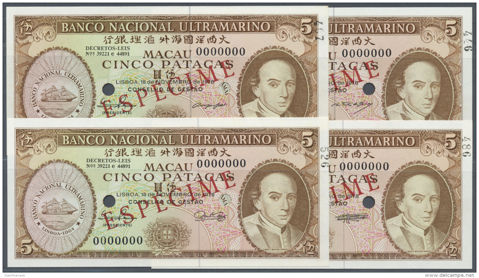 Macau / Macao: Set Of 4 Different Signature Specimens Of 5 Patacas 1976 Specimen P. 54s, Zero Serial Numbers And Specime - Macao