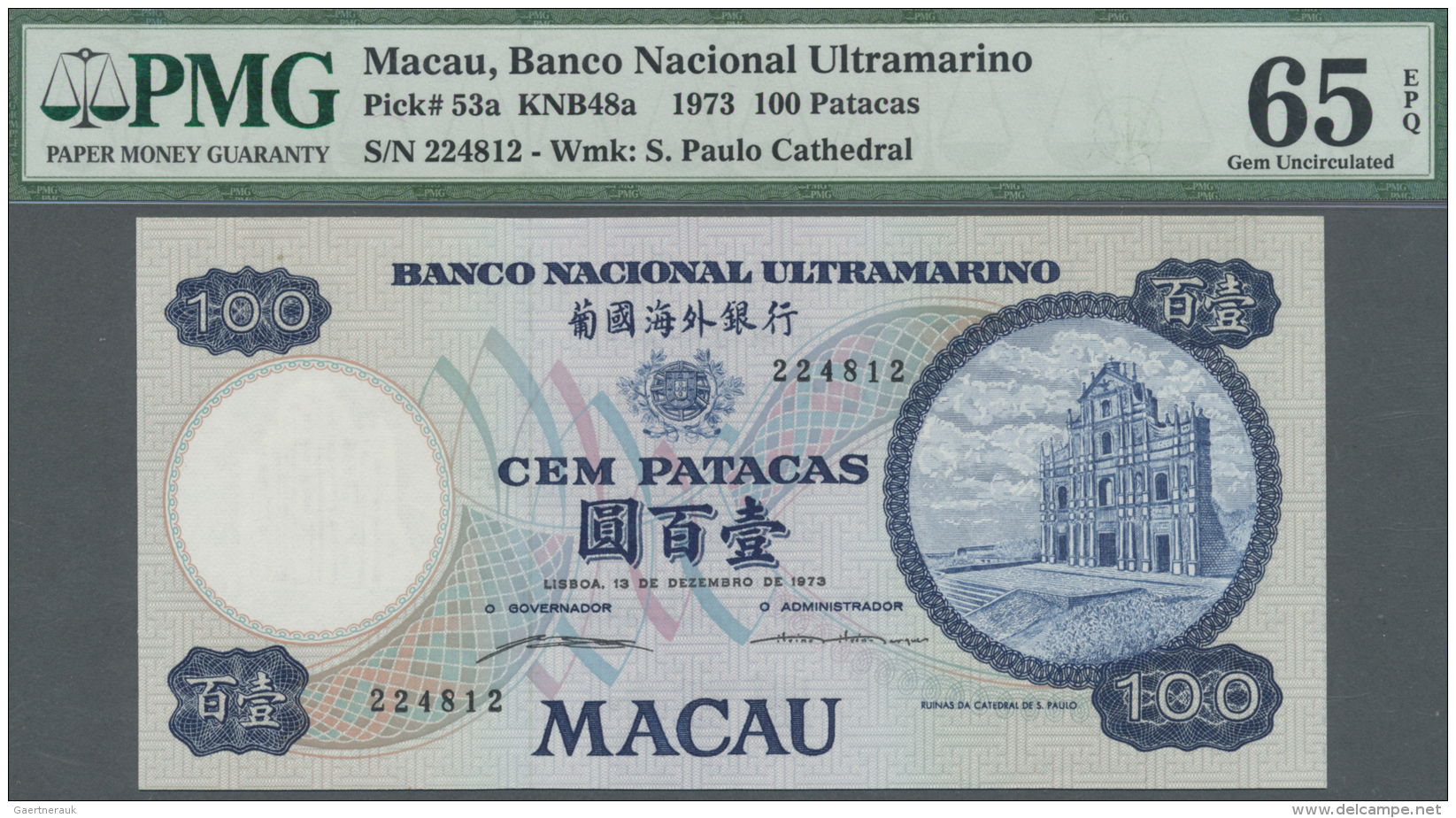 Macau / Macao: 100 Patacas 1973, P.53a, Highly Rare Note In Excellent Condition, PMG Graded 65 EPQ - Macao