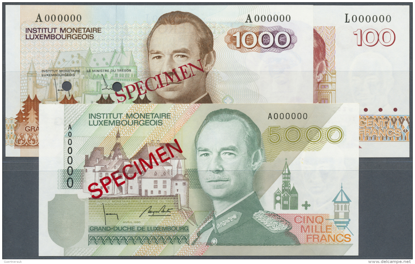 Luxembourg: Set Of 3 Specimen Banknotes Containing 100 Francs P. 58s, 1000 Francs P. 59s And 5000 Francs P. 60s, All Wit - Luxembourg