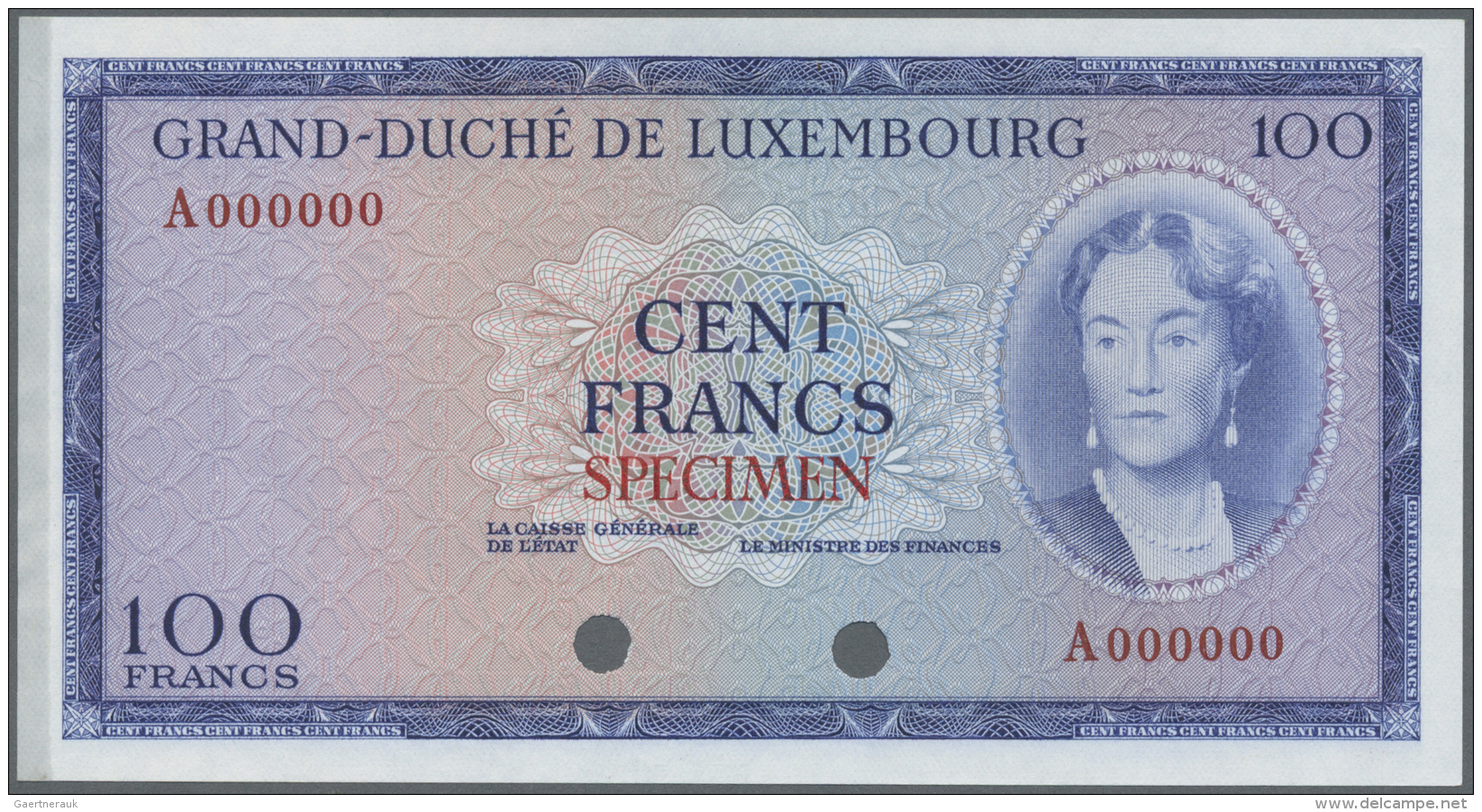 Luxembourg: 100 Francs ND(1963) Color Trial P. 52ct In Blue Color Instead Of Red, Traces Of Former Attachment To Present - Luxembourg