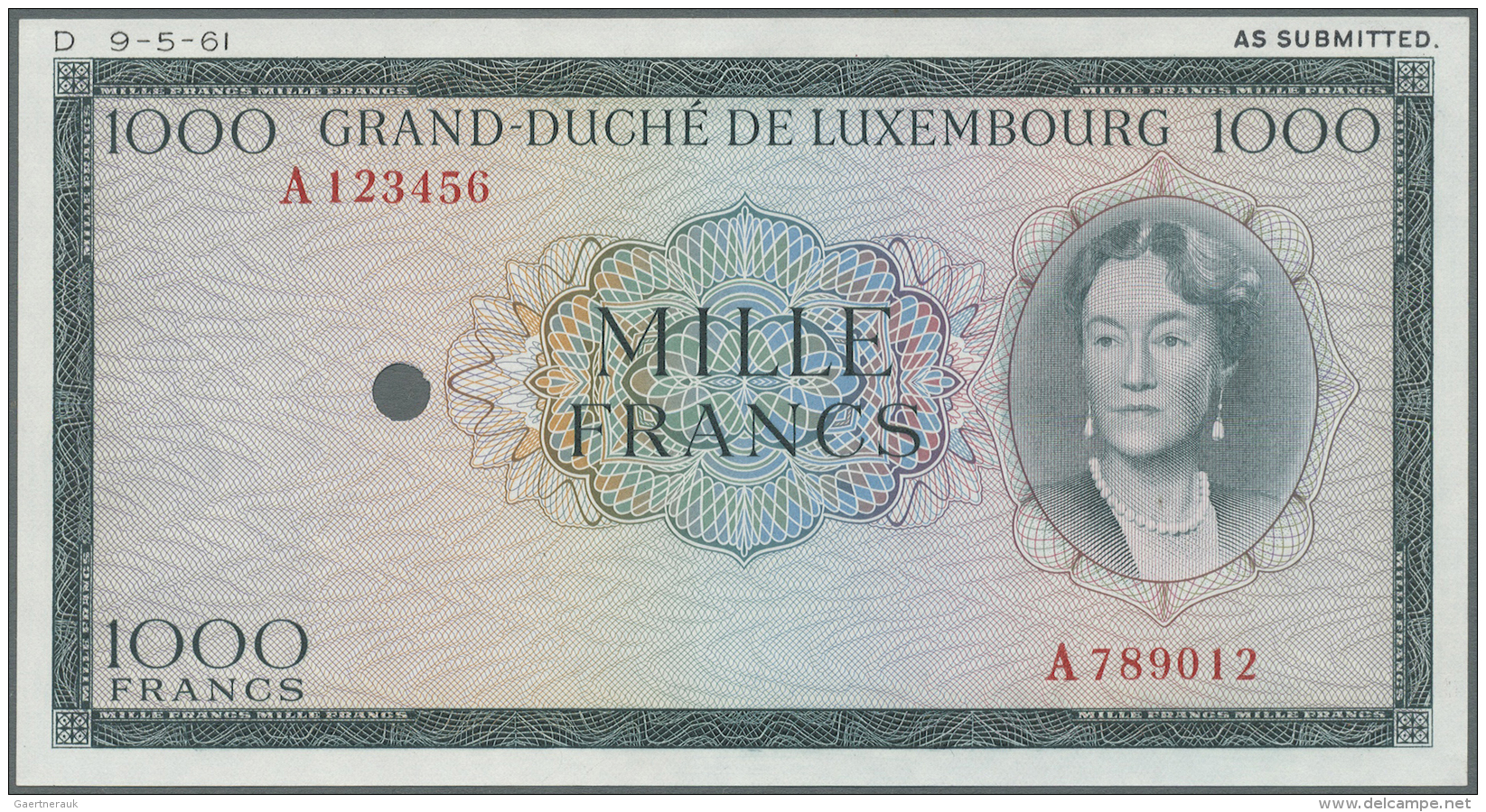 Luxembourg: 1000 Francs ND Color Trial Of P. 52B In Dark Green Instead Of Brown Color, With Specimen Serial Number And H - Lussemburgo