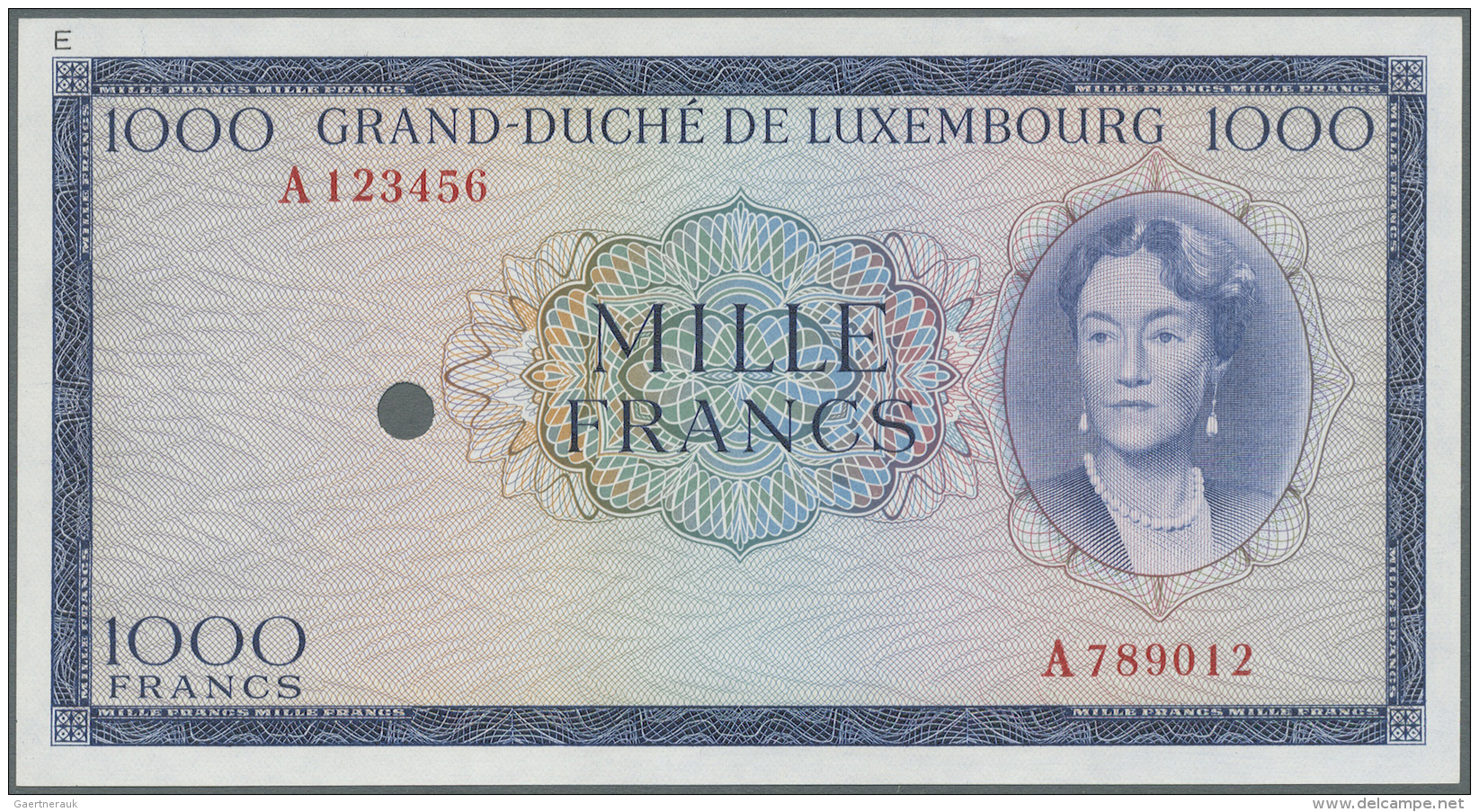 Luxembourg: 1000 Francs ND Color Trial Of P. 52B In Blue Instead Of Brown Color, With Specimen Serial Number And Hole Ca - Luxembourg