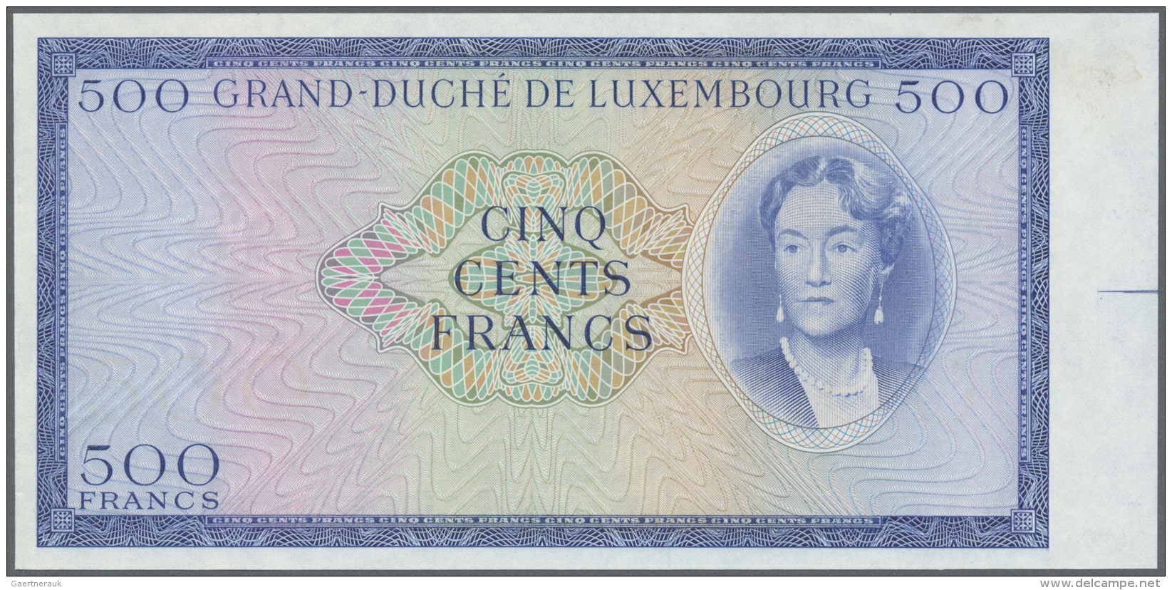 Luxembourg: 500 Francs ND Proof Of P. 52A, Without Serial And Signatures, Large Margin At Right, Left Side One Vertical - Lussemburgo