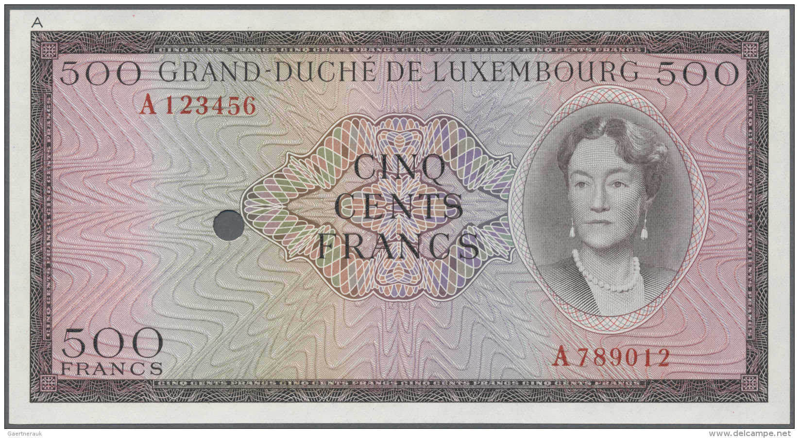 Luxembourg: 500 Francs ND Color Trial Of P. 52A In Brown Instead Of Blue Color, With Serial And One Cancellation Hole, N - Luxembourg