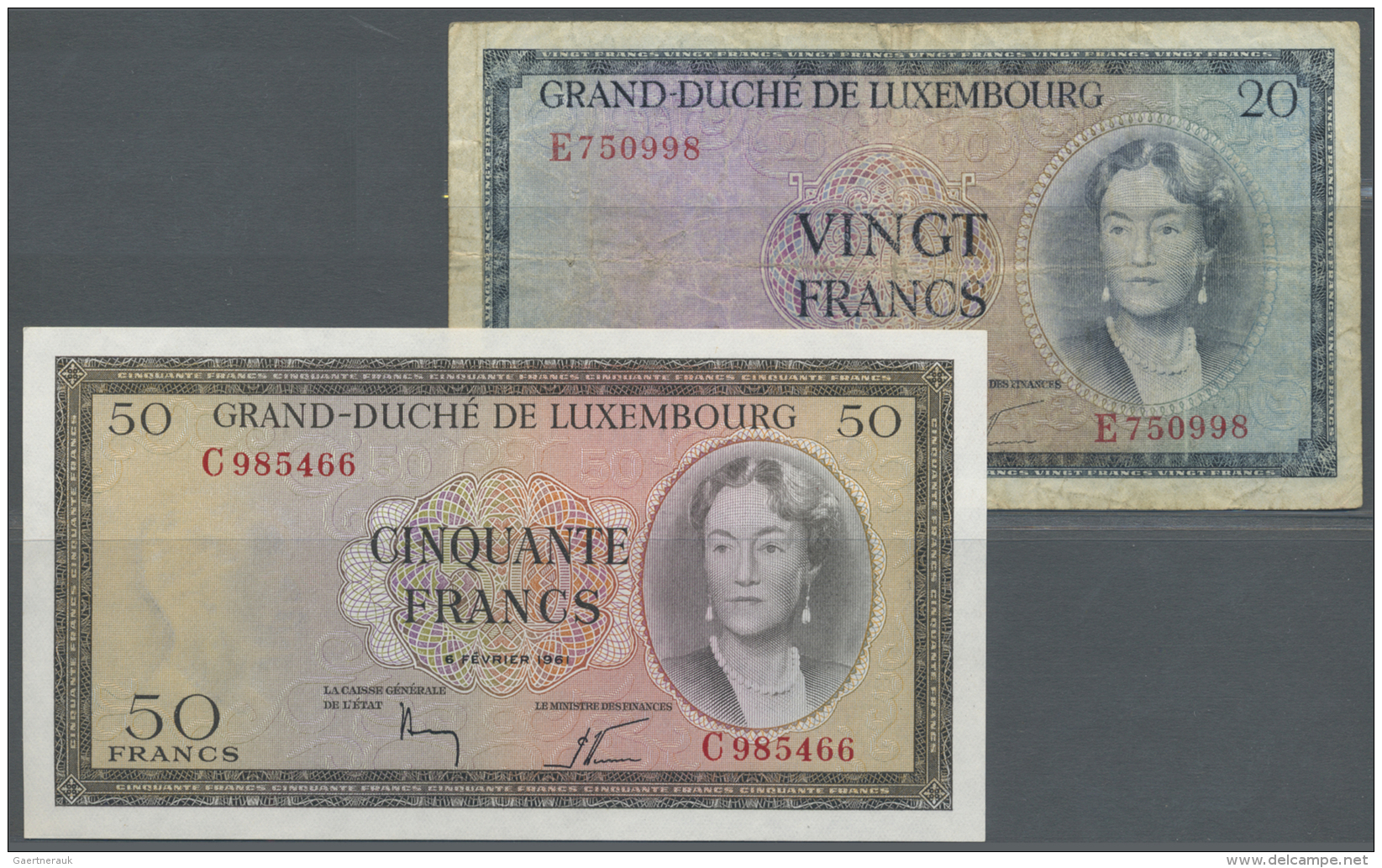 Luxembourg: Set Of 2 Notes Containing 20 Francs 1966 P. 49a (F-) And 50 Francs 1961 P. 51a (aUNC), Nice Set. (2 Pcs) - Lussemburgo